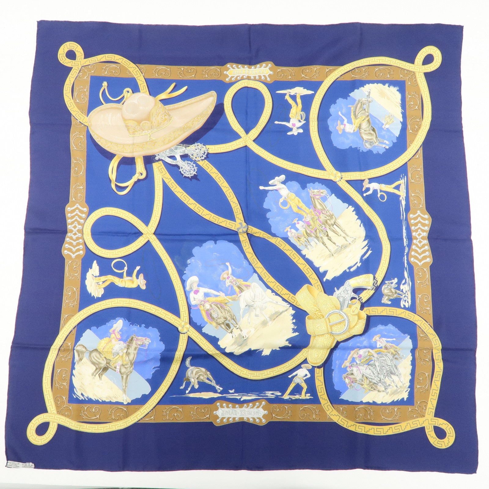 HERMES Carre 90 100% Silk Scarf Bandana CHARREADA Blue Brown Used