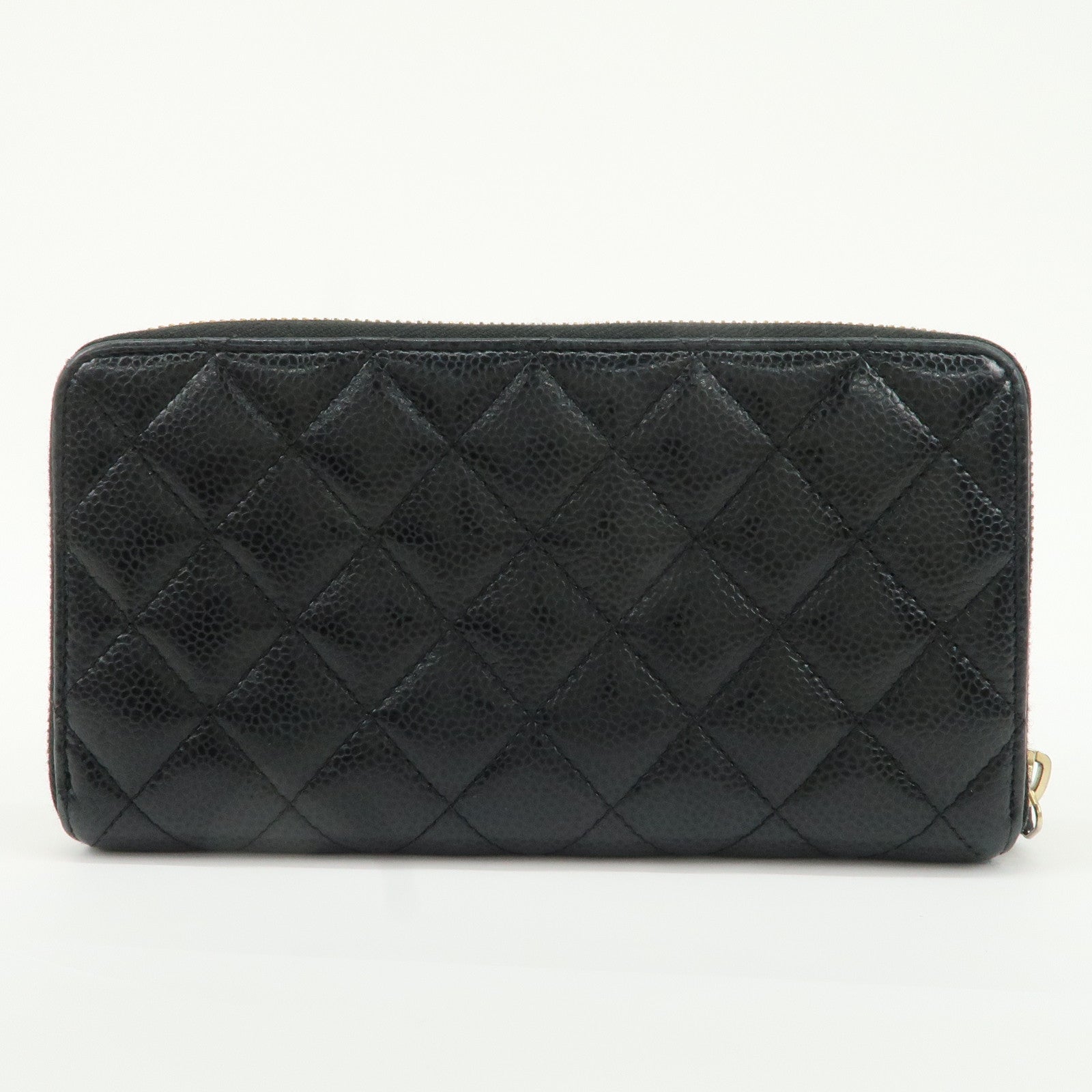 CHANEL Matelasse Cavier Skin Coco Mark Zippy Round Wallet Black Used