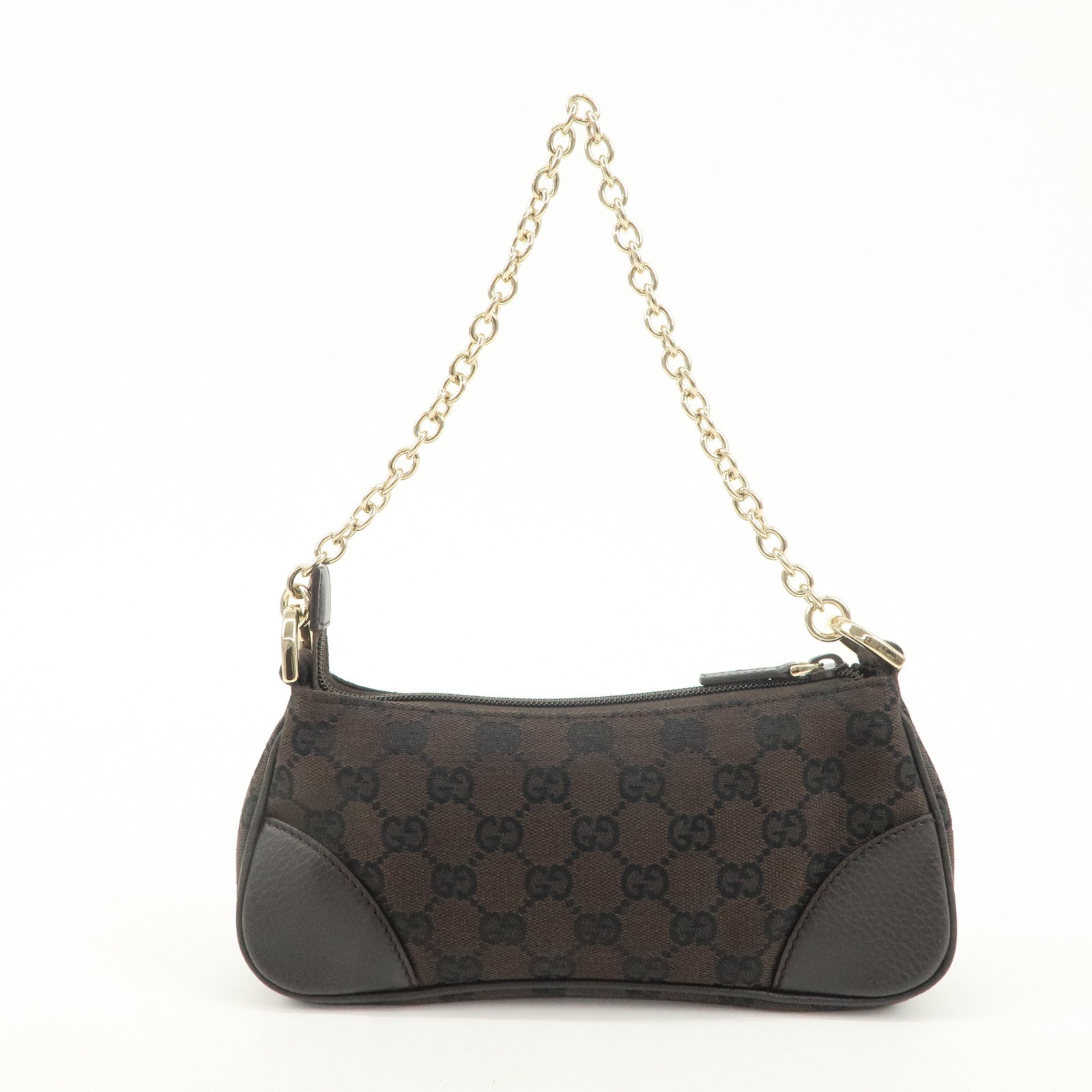 GUCCI GG Canvas Leather Chain Shoulder Bag Dark Brown 27383 Used