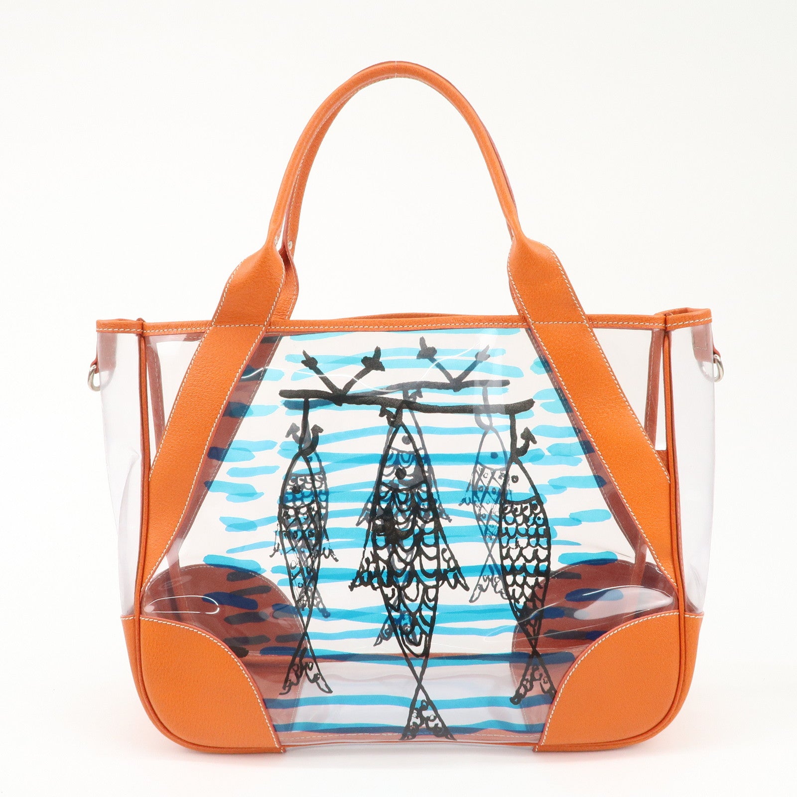 PRADA PVC Leather  Fish Print Clear Tote Bag Orange BR3020 Used