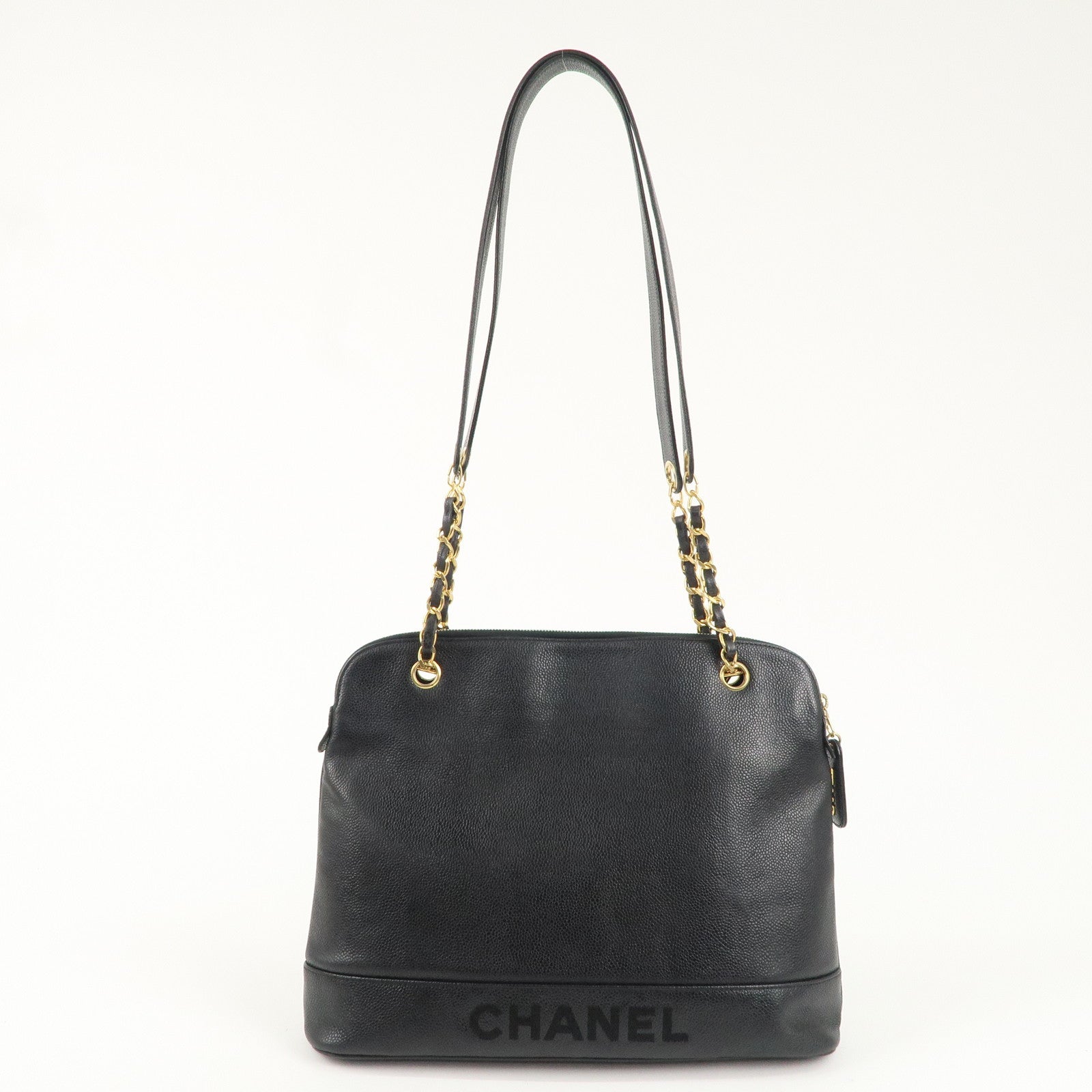 CHANEL Caviar Skin Chain Tote Bag Shoulder Bag Black Gold