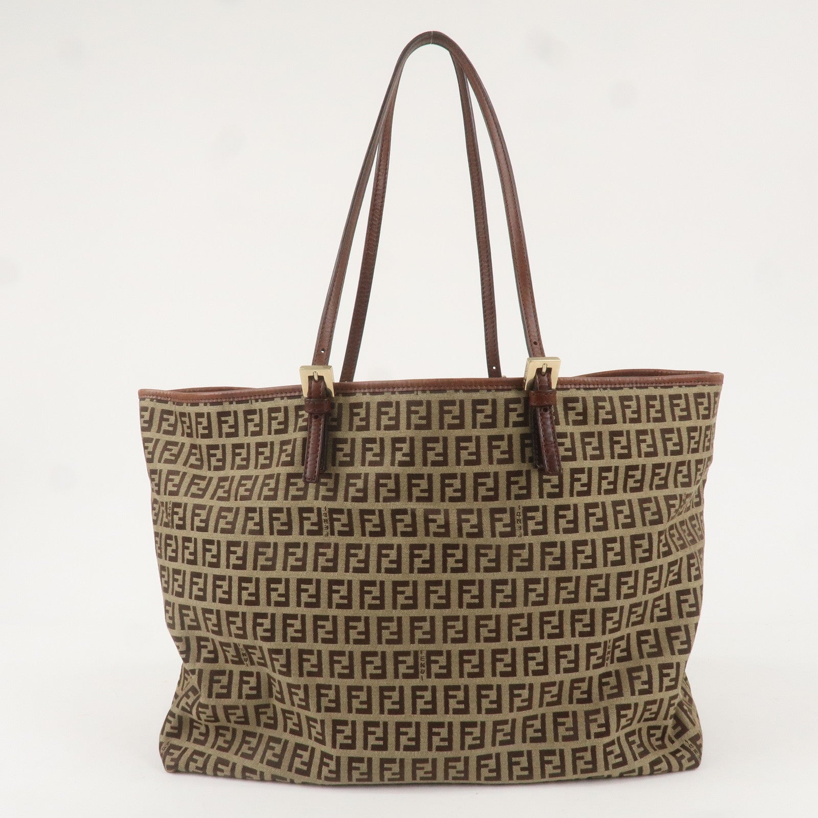 FENDI Zucchino Canvas Leather Tote Bag Beige Brown 8BH127