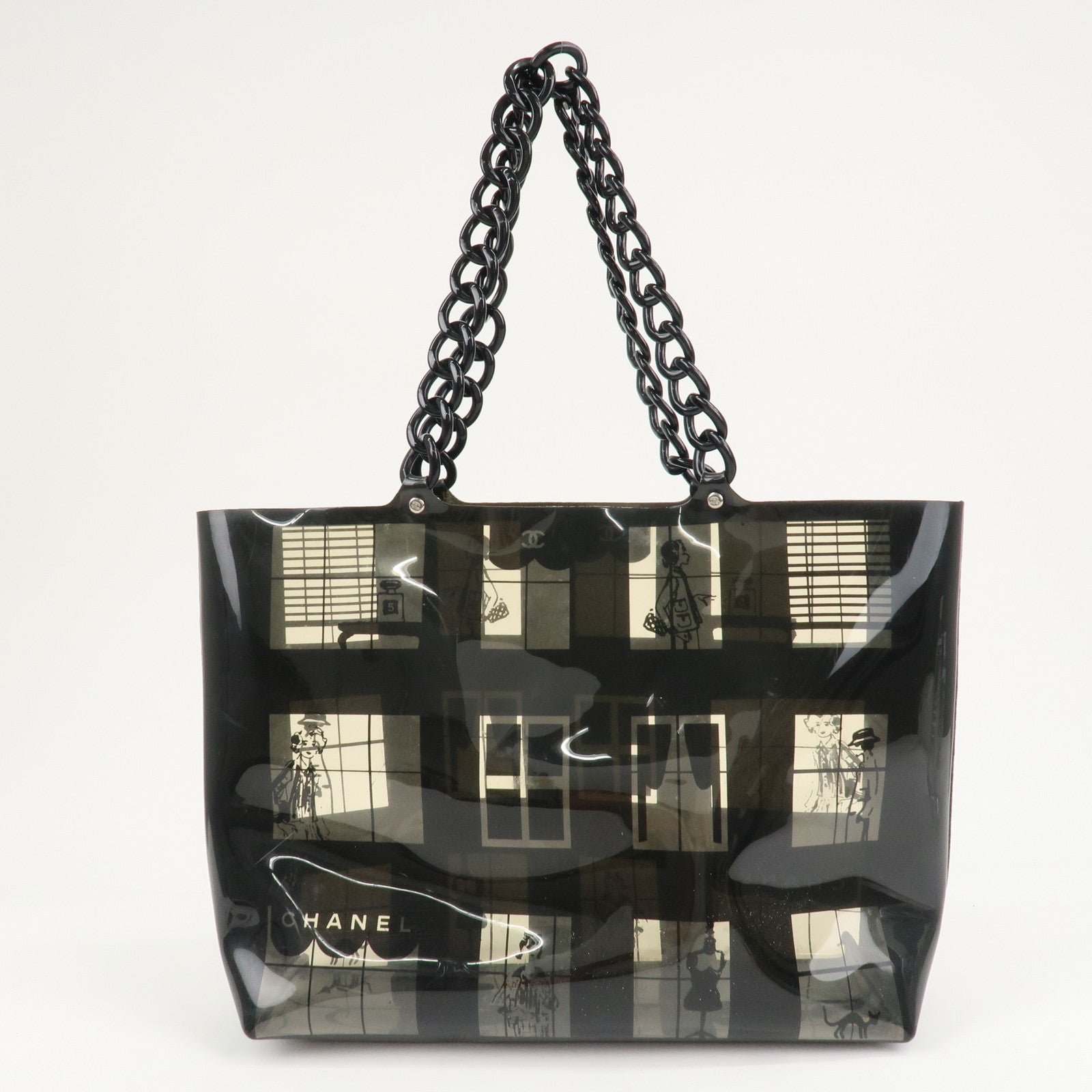 CHANEL Windows Line Vinyl Tote Bag Clear Black Used