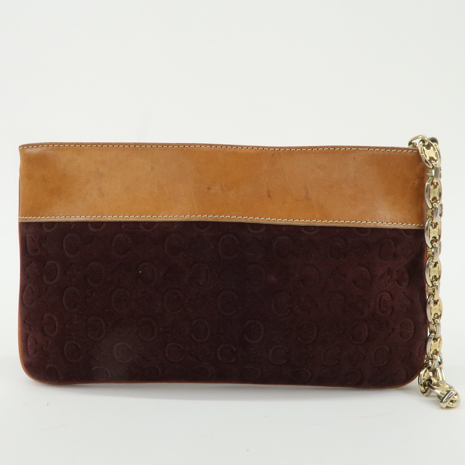 CELINE C Macadam Suede Leather Chain Clutch Bag Hand Bag Brown