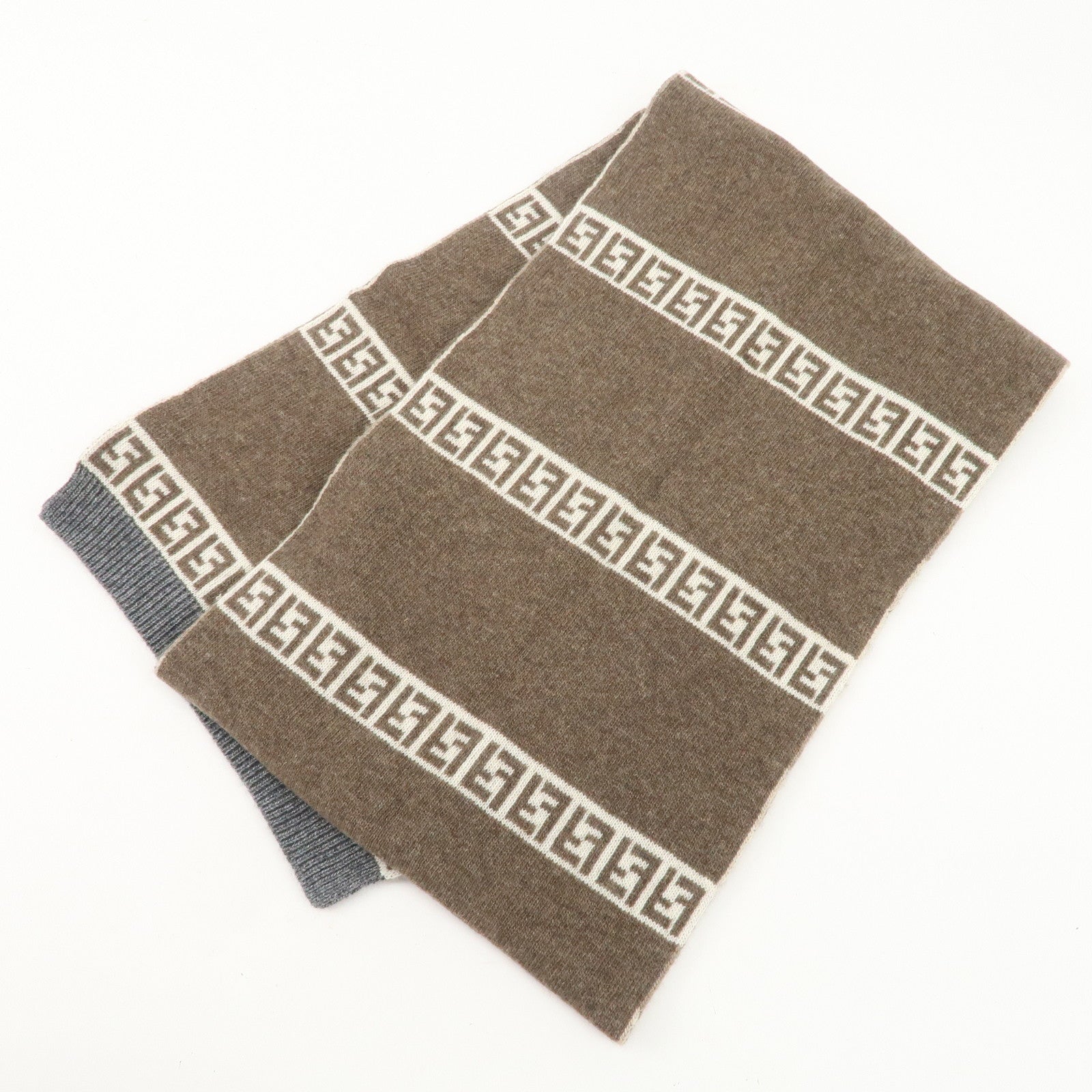 FENDI Logo Zucca Wool Viscose Nylon Cashimere Scarf Beige Brown