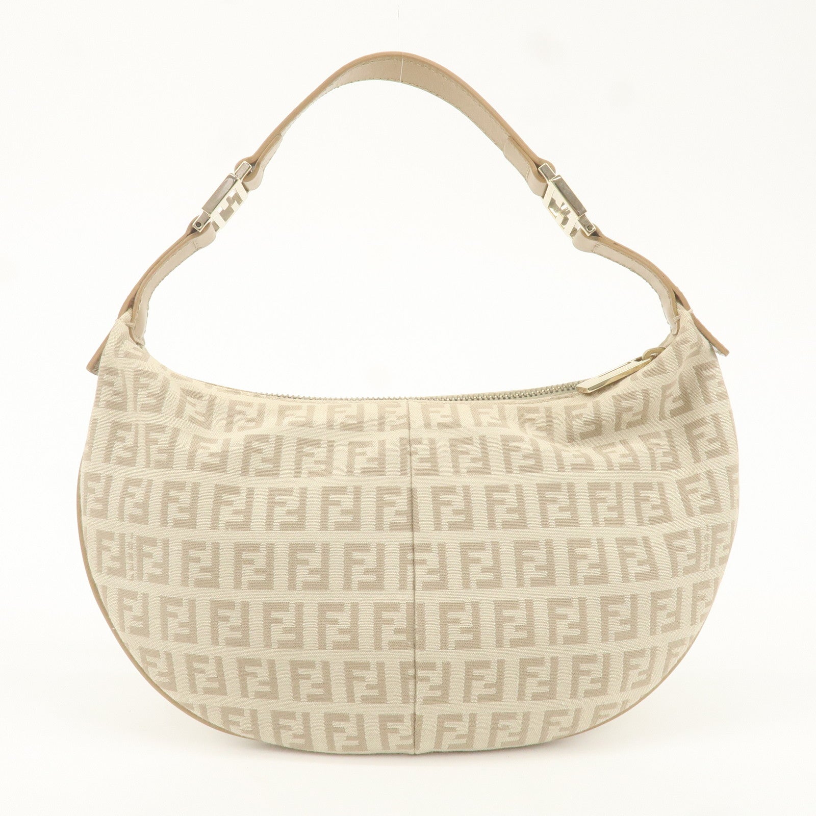 FENDI Zucchino Canvas Leather Shoulder Bag Beige Gray 8BR440