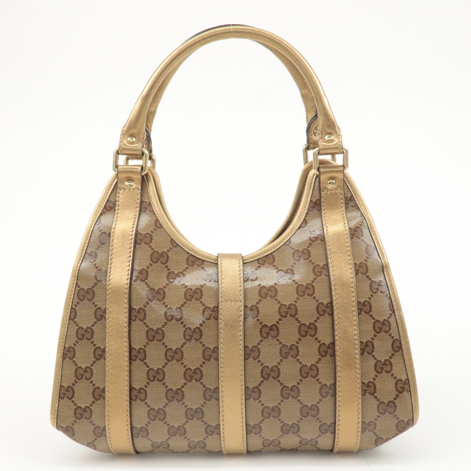 GUCCI GG Crystal Leather Hand Bag Beige Gold 203495