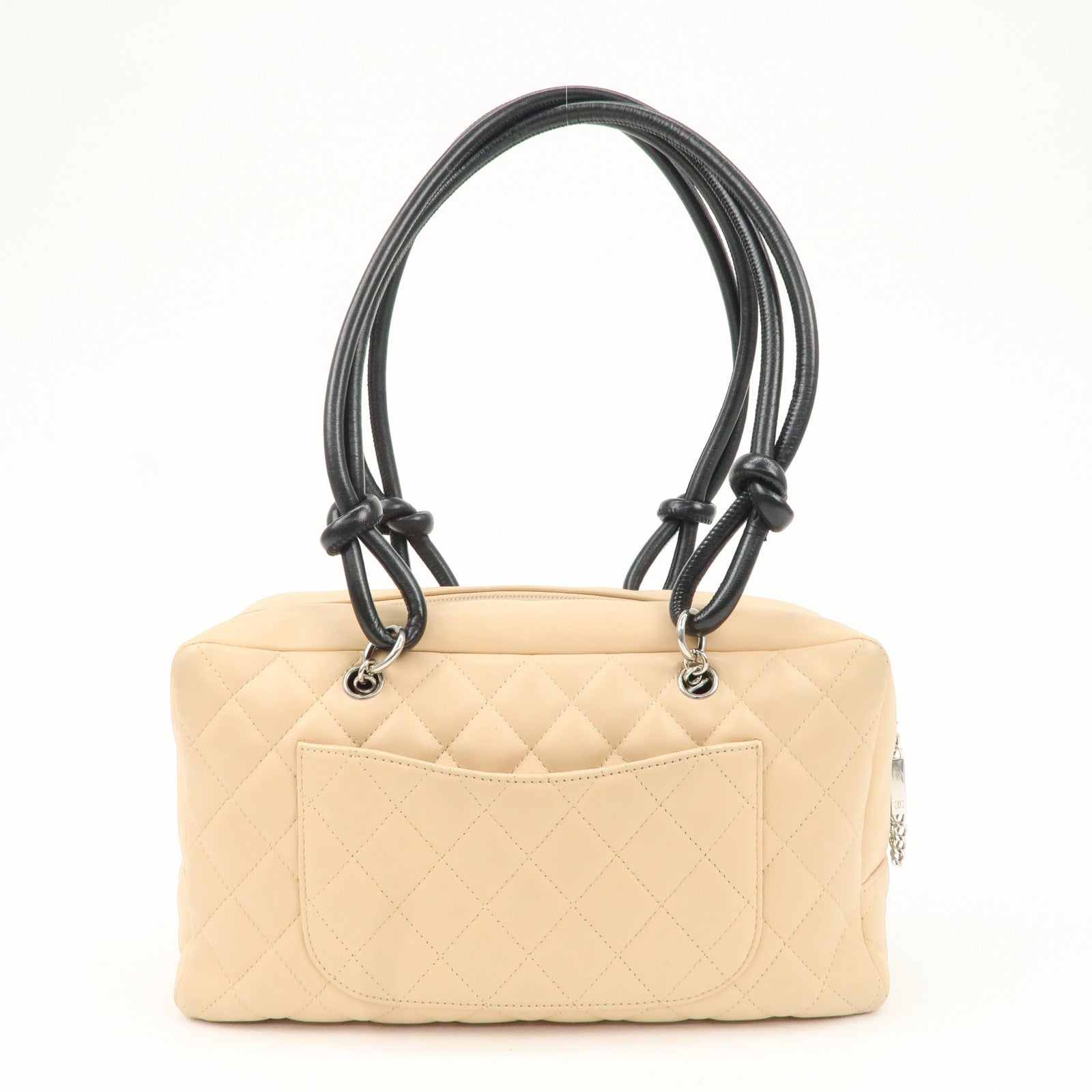 CHANEL Cambon Line Lamb Skin Bowling Bag Beige Black A25171 Used