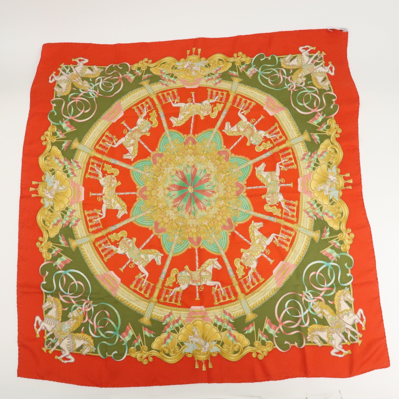 HERMES Carre 90 Silk 100% Scarf Luna Park Red Gold Green Used