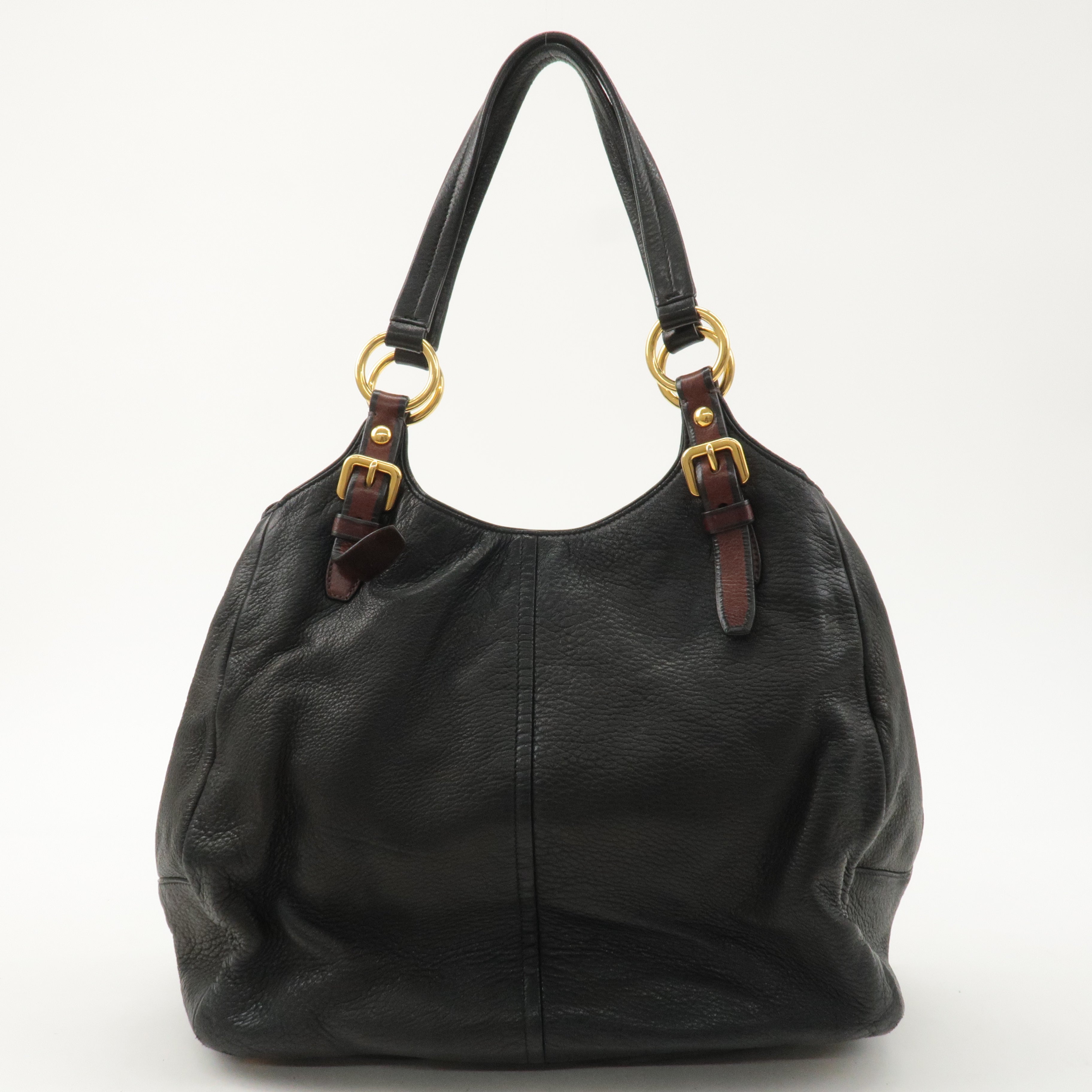 PRADA Leather Tote Bag Shoulder Bag Black Brown