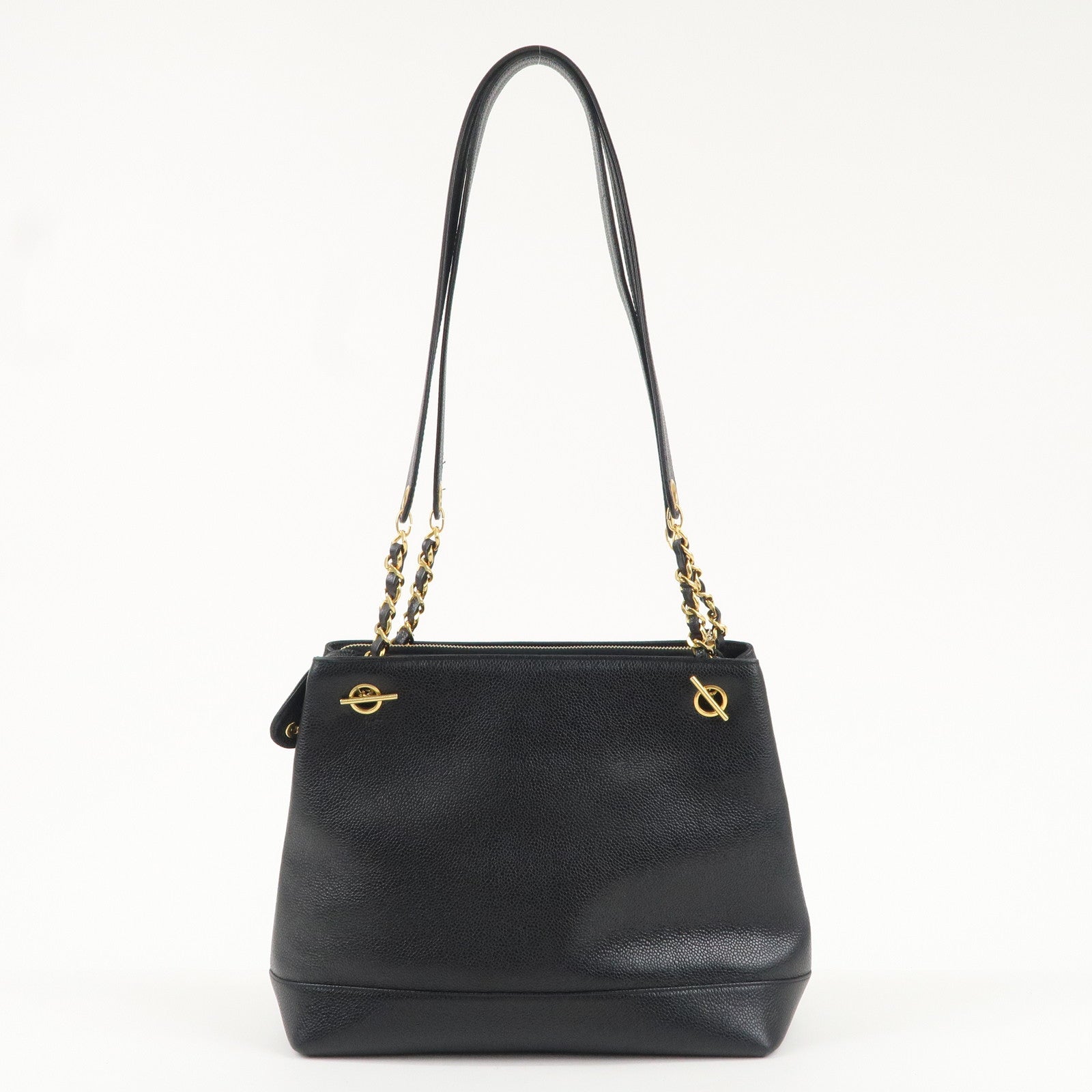 CHANEL Caviar Skin Chain Tote Bag Black Gold A03578