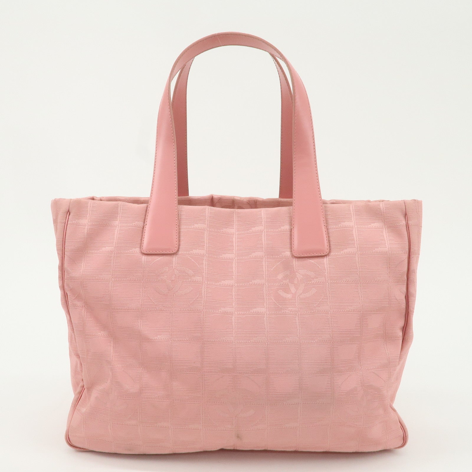 CHANEL New Travel Line Nylon Jacquard Leather Tote MM Pink A15991 Used