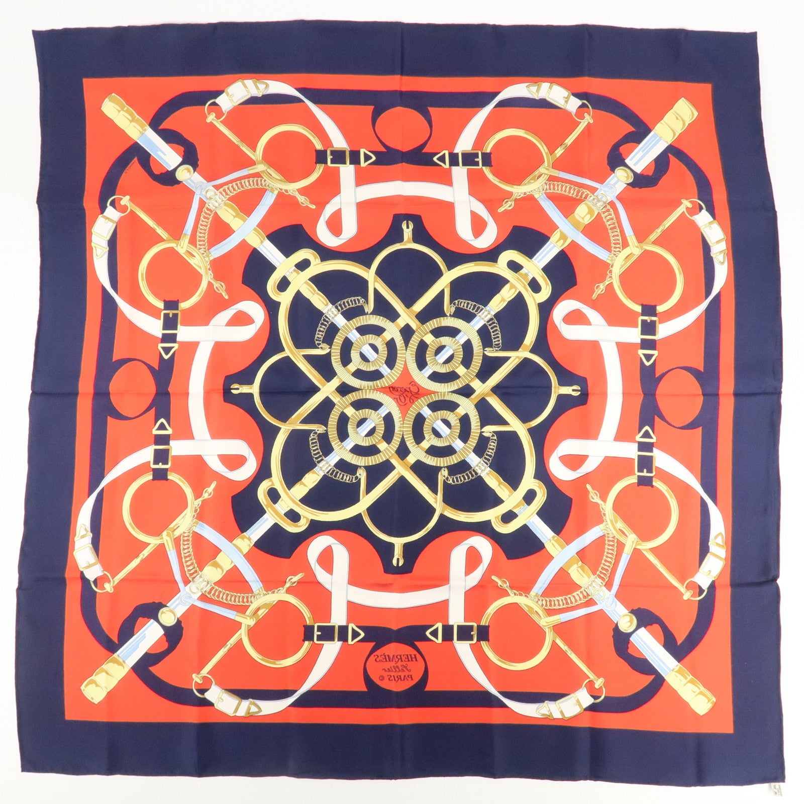 HERMES Carre 90 100% Silk Scarf Eperon d
or Red Navy Gold Used