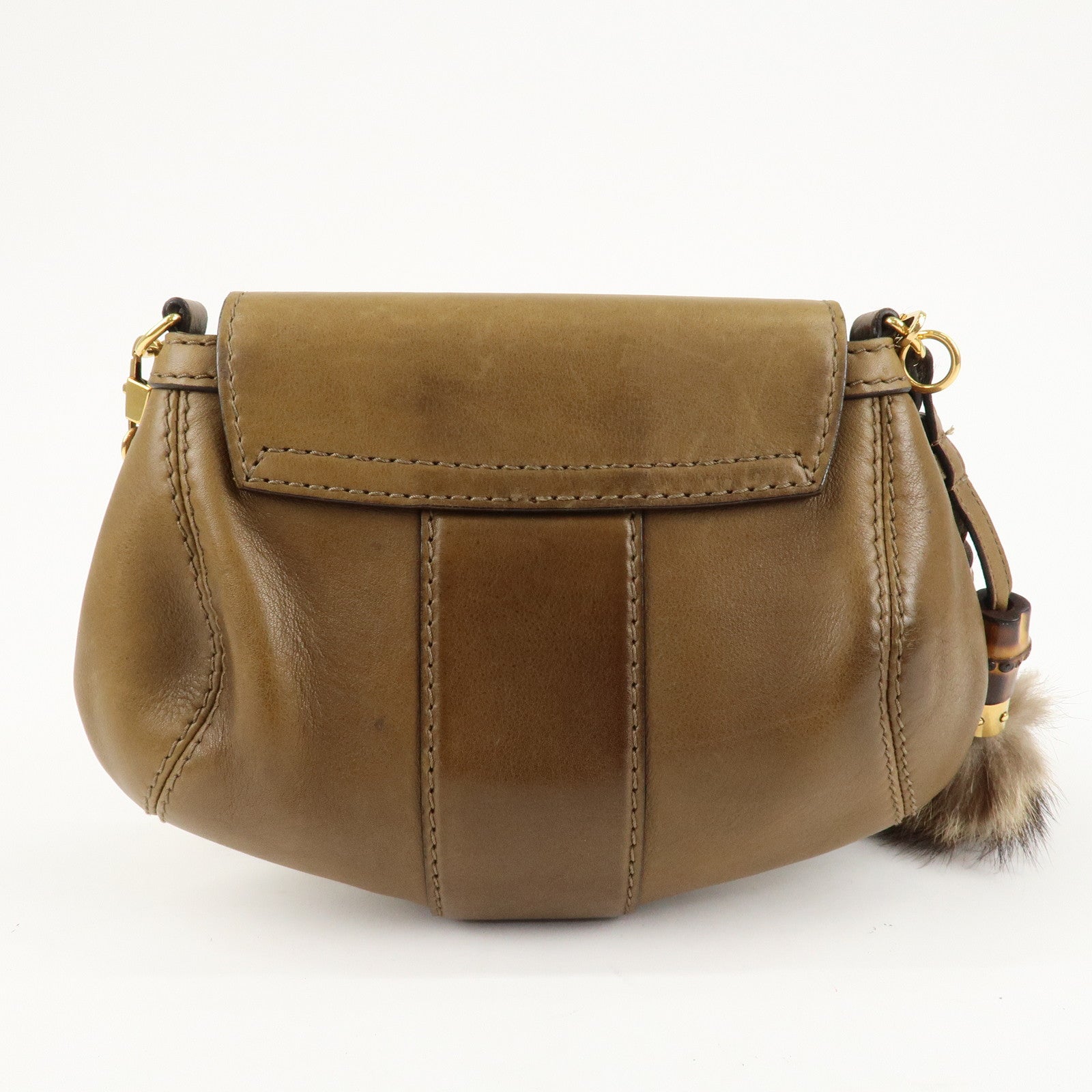 GUCCI Bamboo Historia Leather Raccoon Fur Shoulder Bag 269927 Used