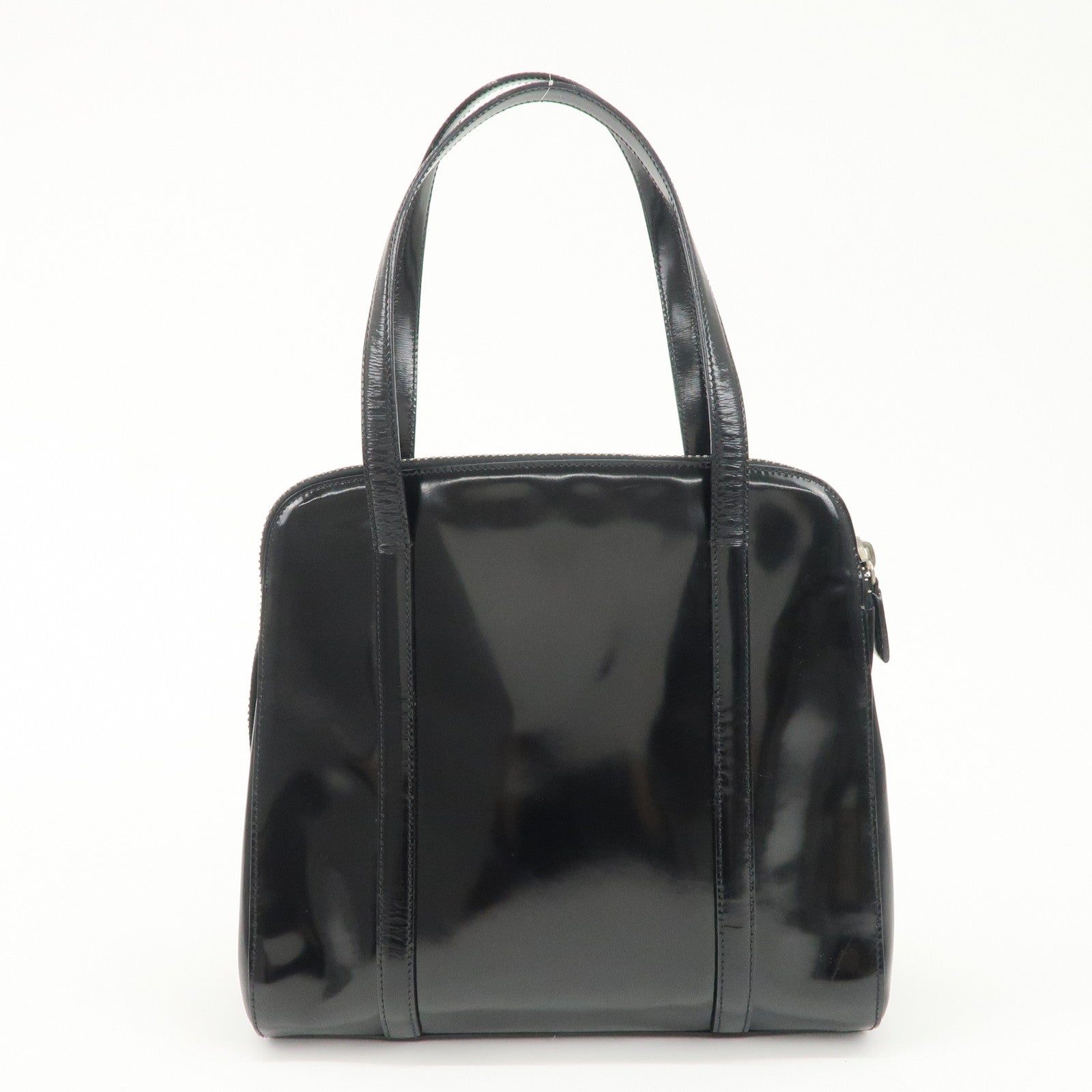 PRADA Patent Leather Tote Bag Hand Bag Black Silver HDW Used