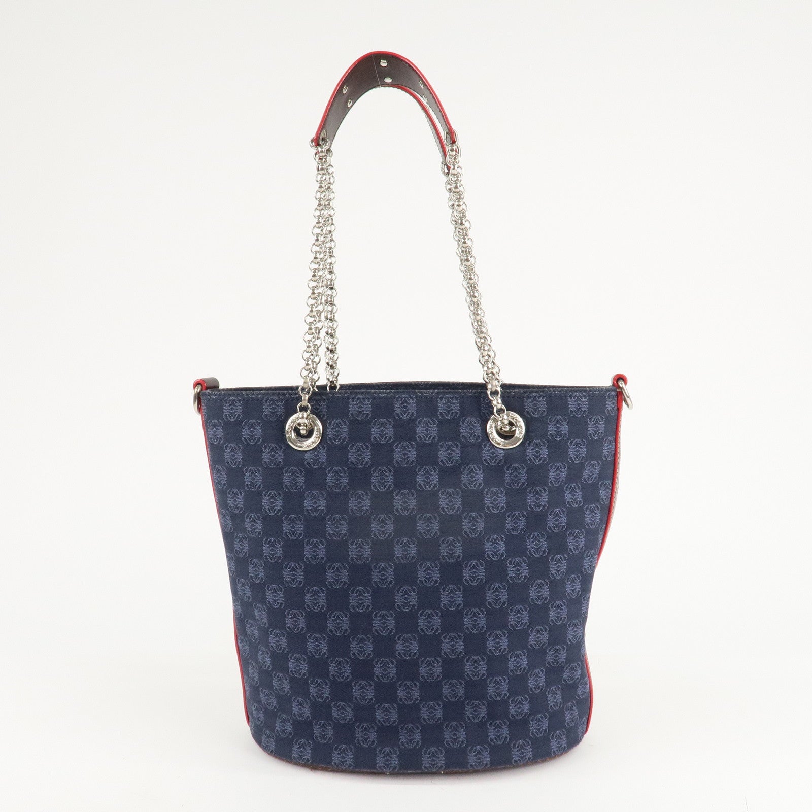 LOEWE Anagram Canvas Leather Chain Tote Bag Shoulder Bag Blue Used