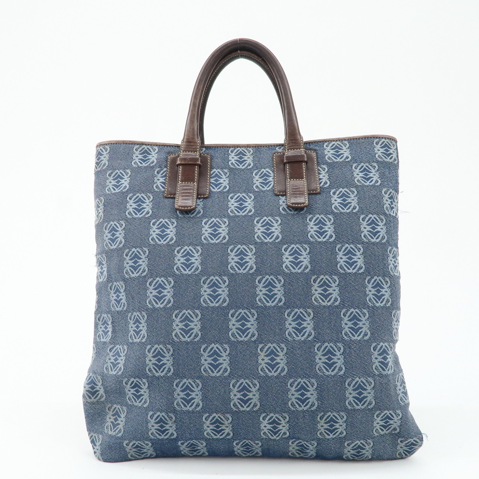 LOEWE Anagram Canvas Leather Tote Bag Blue Brown Used