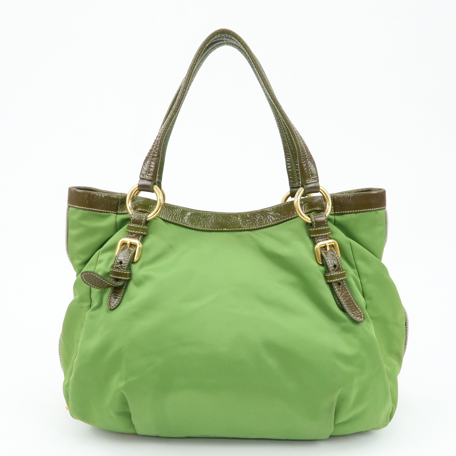 PRADA Nylon Patent Leather Tote Bag Shoulder Bag Green Khaki