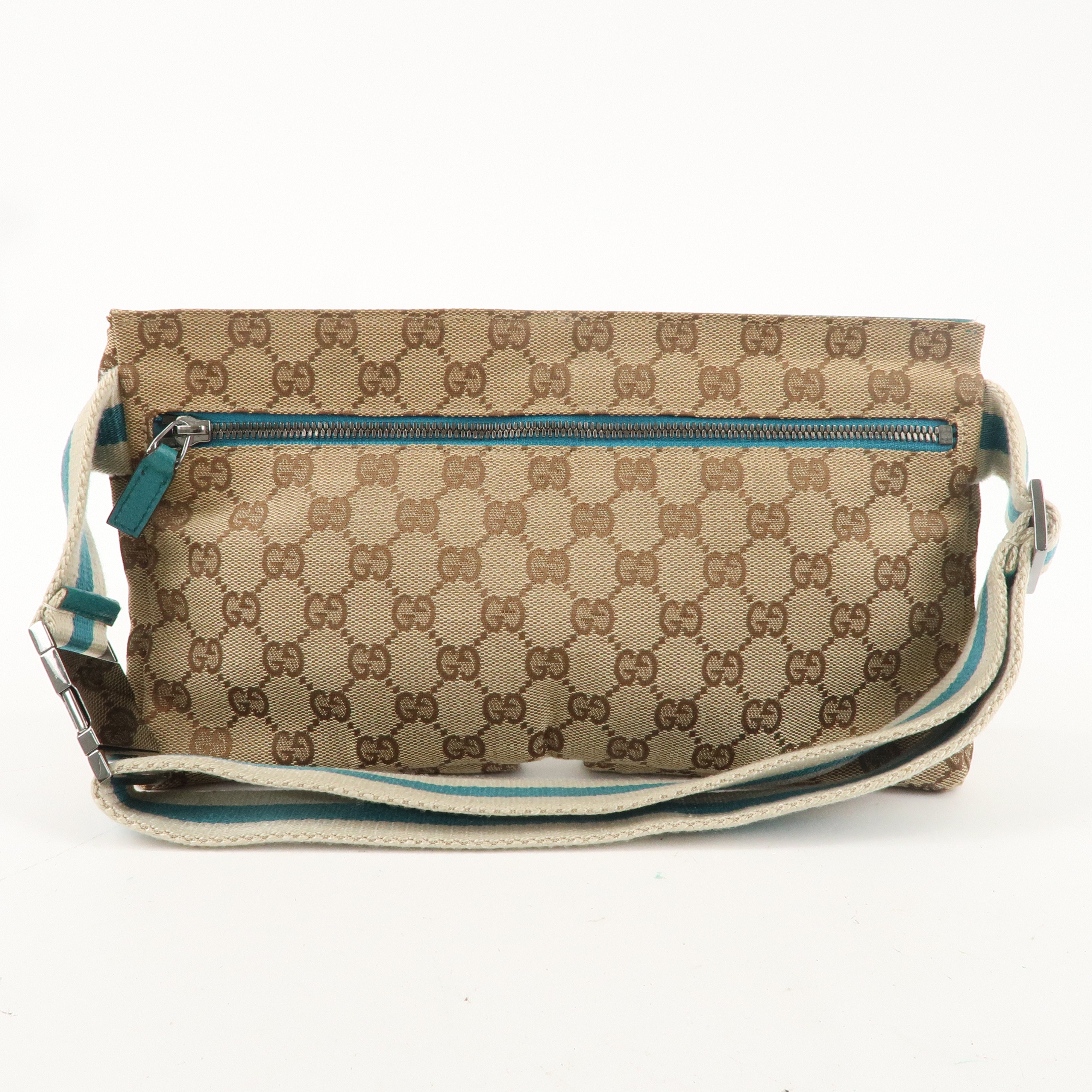 GUCCI GG Canvas Leather Waist Bag Crossbody Bag Turquoise 28566