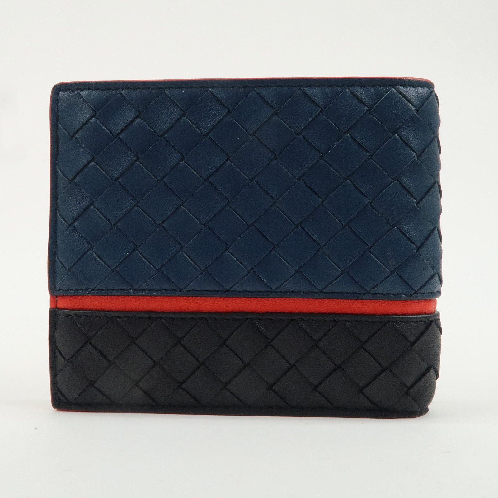 BOTTEGA VENETA Intrecciato Leather Bi-fold Wallet Bicolor Navy Red