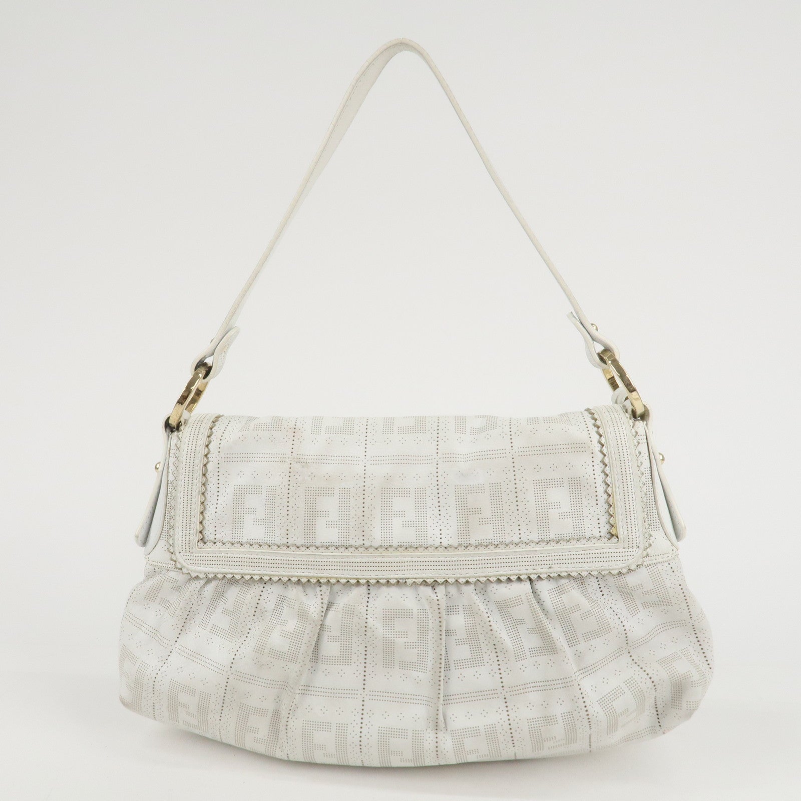 FENDI Zucca Leather Shoulder Bag Hand Bag White 8BR445 Used