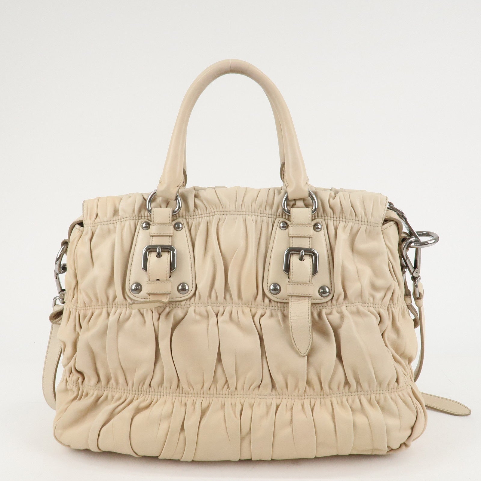 PRADA Leather Gathered 2WAY Shoulder Bag Hand Bag Beige