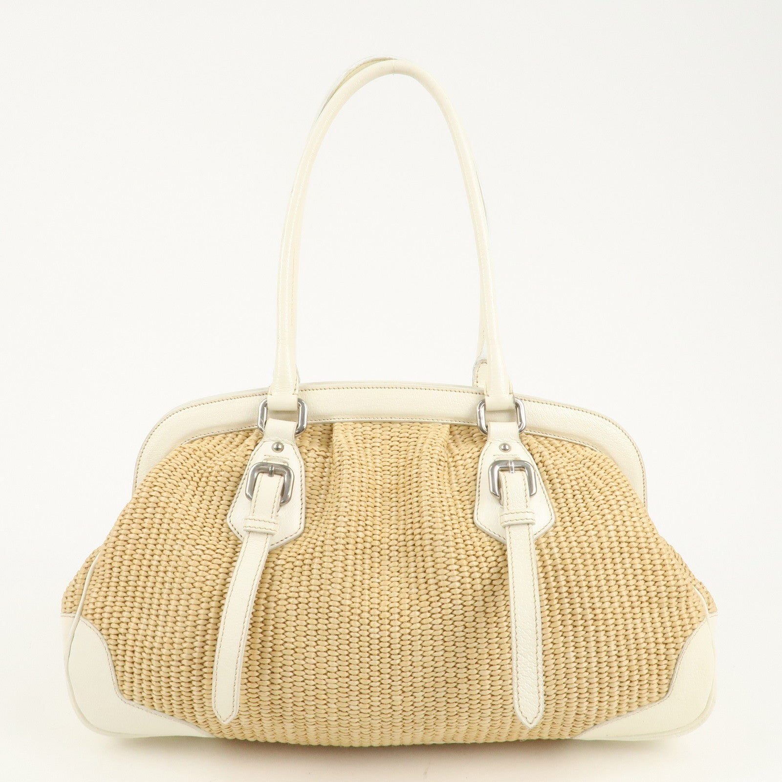 PRADA Logo Raffia Leather Hand Bag Shoulder Bag Ivory BR3508