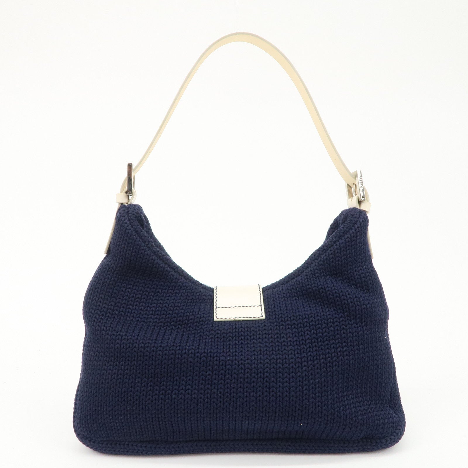 FENDI Wool Leather Shoulder Bag Navy White 26569