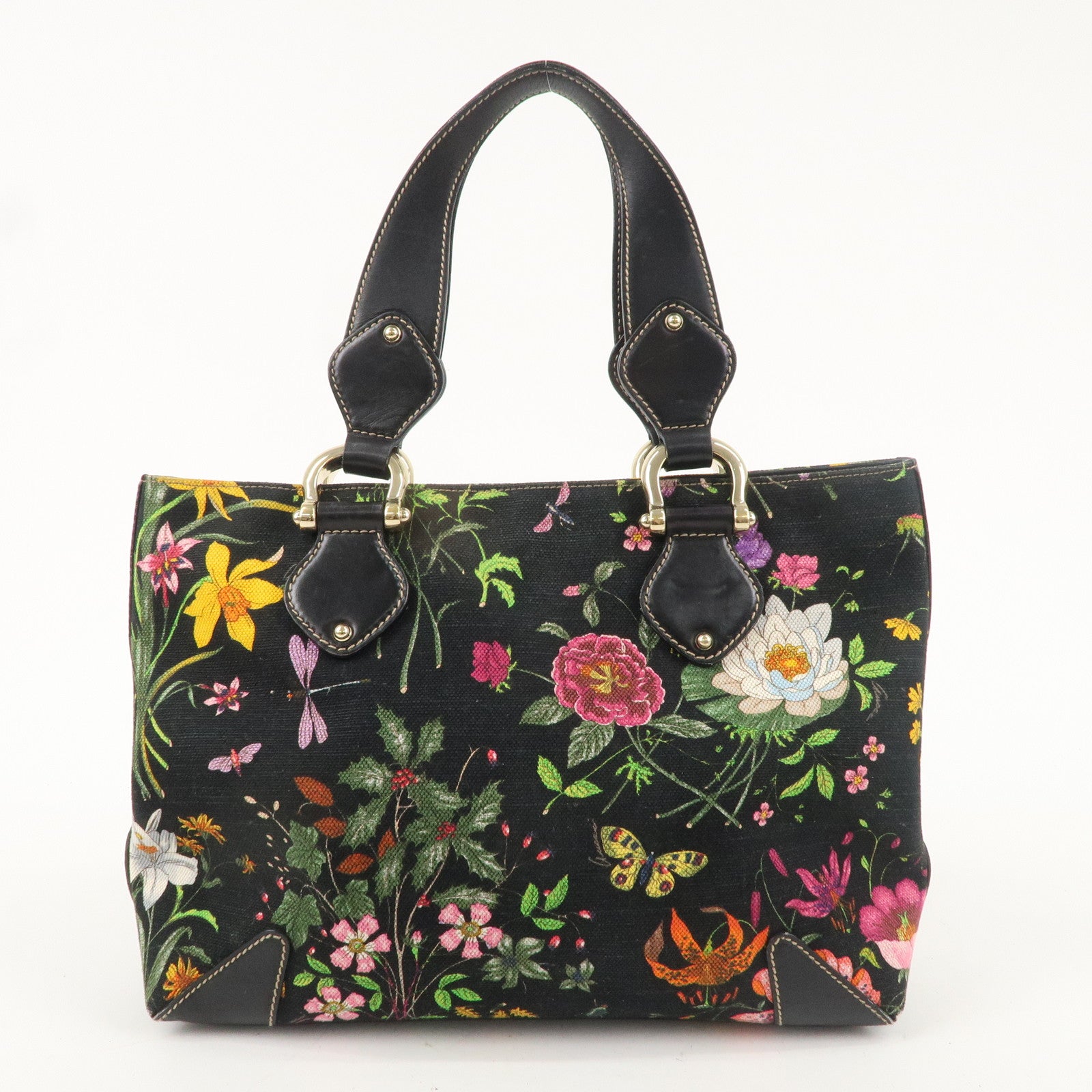 GUCCI Flora Canvas Leather Tote Bag Hand Bag Black 153024