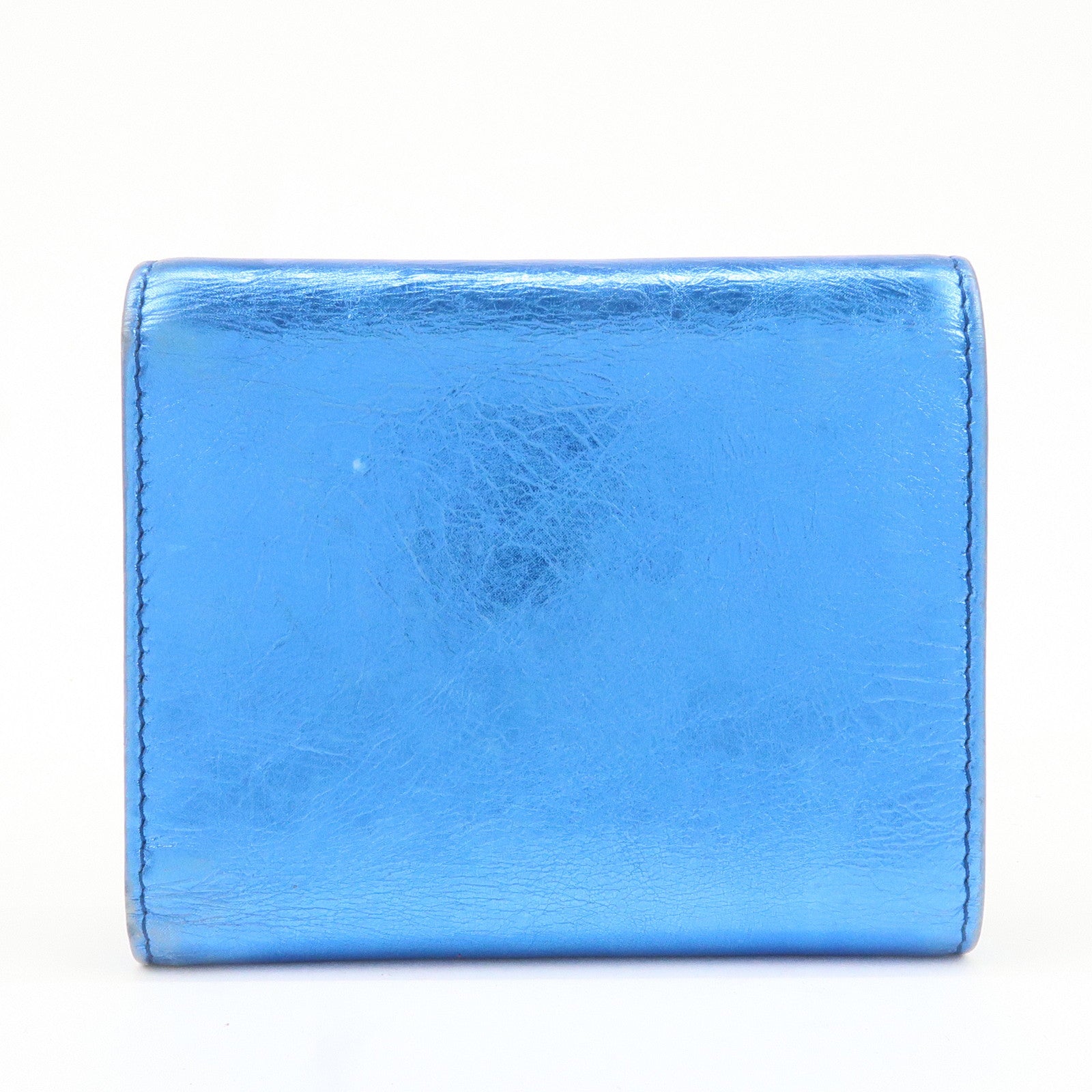 CHANEL Ribbon COCO Mark W Hook Tri-Fold Compact Wallet Blue Used