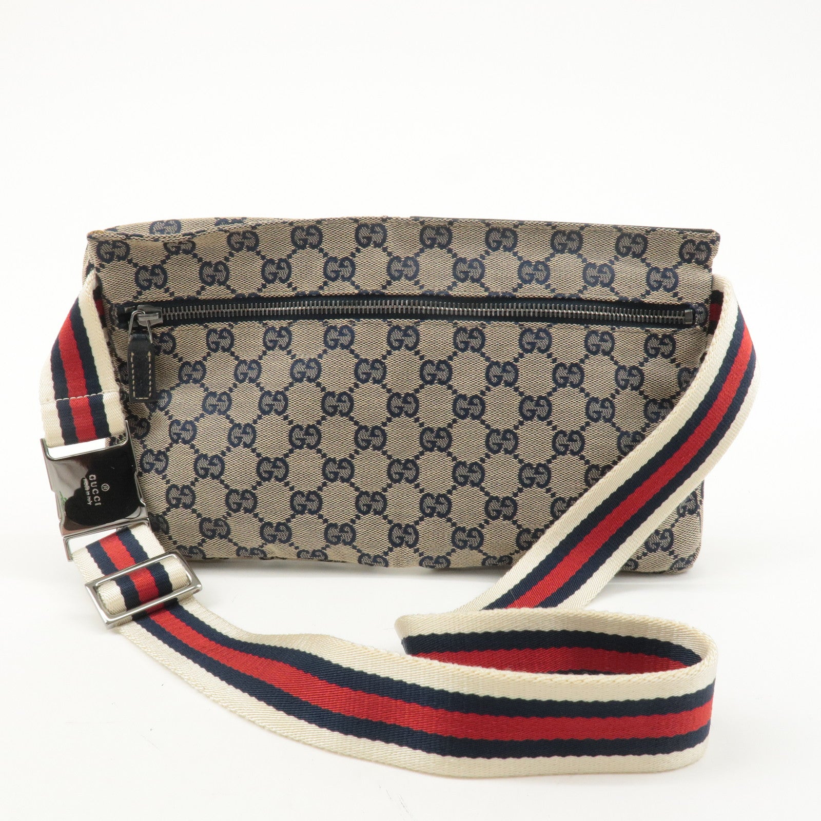 GUCCI Sherry GG Canvas Leather Waist Bag Beige Navy 28566