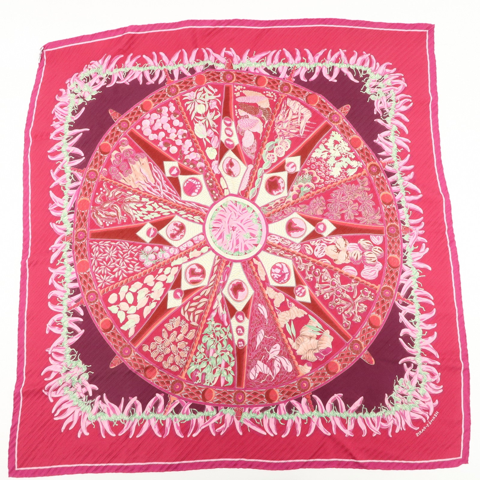 Authe HERMES Silk 100% Carre 90 AUX PAYS DES EPICES Spice Land Pink Red