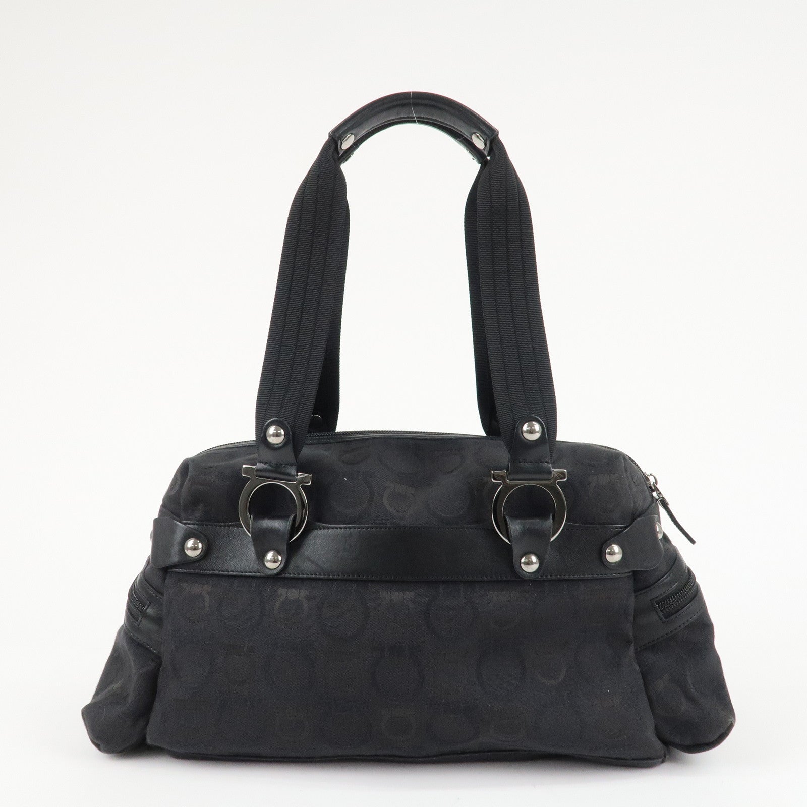 Ferragamo Gancini Pattern Canvas Leather Boston Bag Black