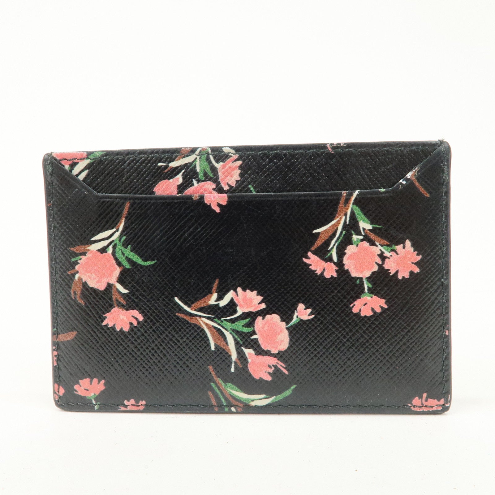 PRADA Saffiano Card Case Floral Pattern Black Pink 1MC208 Used