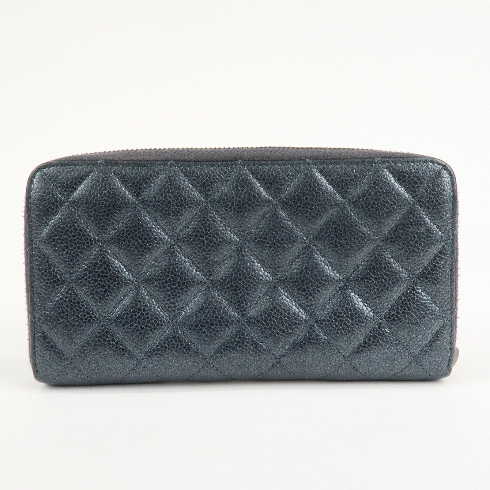 CHANEL Matelasse Caviar Skin Zip Around Long Wallet Metal Blue