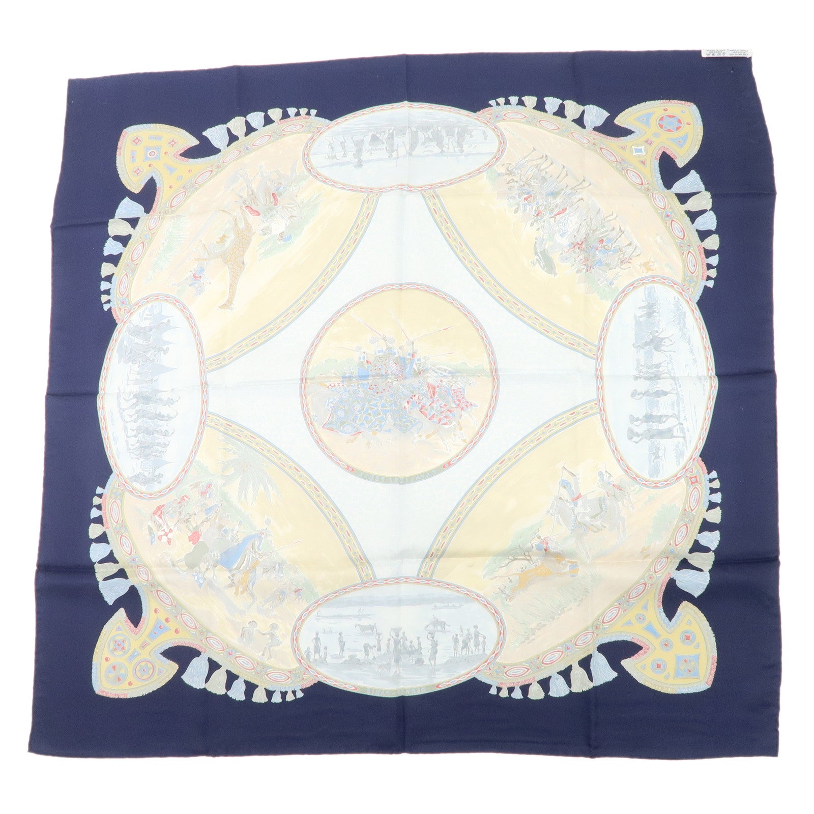 HERMES Carre 90 Silk 100%  Scarf CAVALIERS PEULS Navy Blue