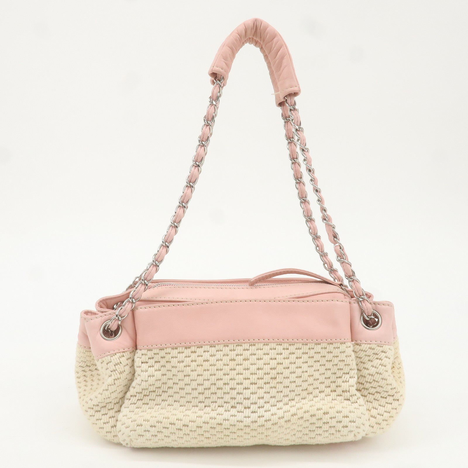 CHANEL Canvas Leather Logo Chain Tote Bag Beige Pink