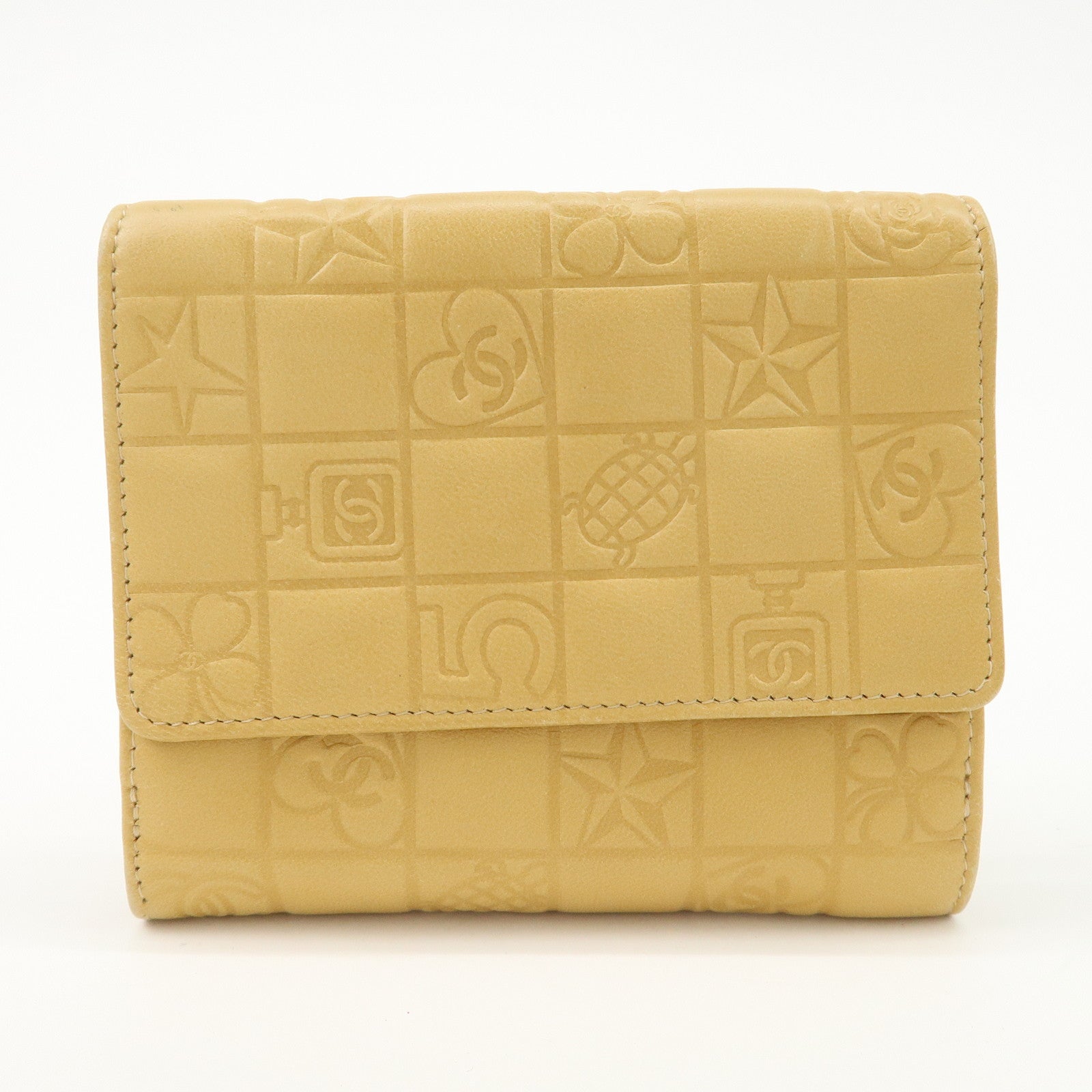 CHANEL Icon Line Lamb Skin W Flap Bi-fold Wallet Beige A24212