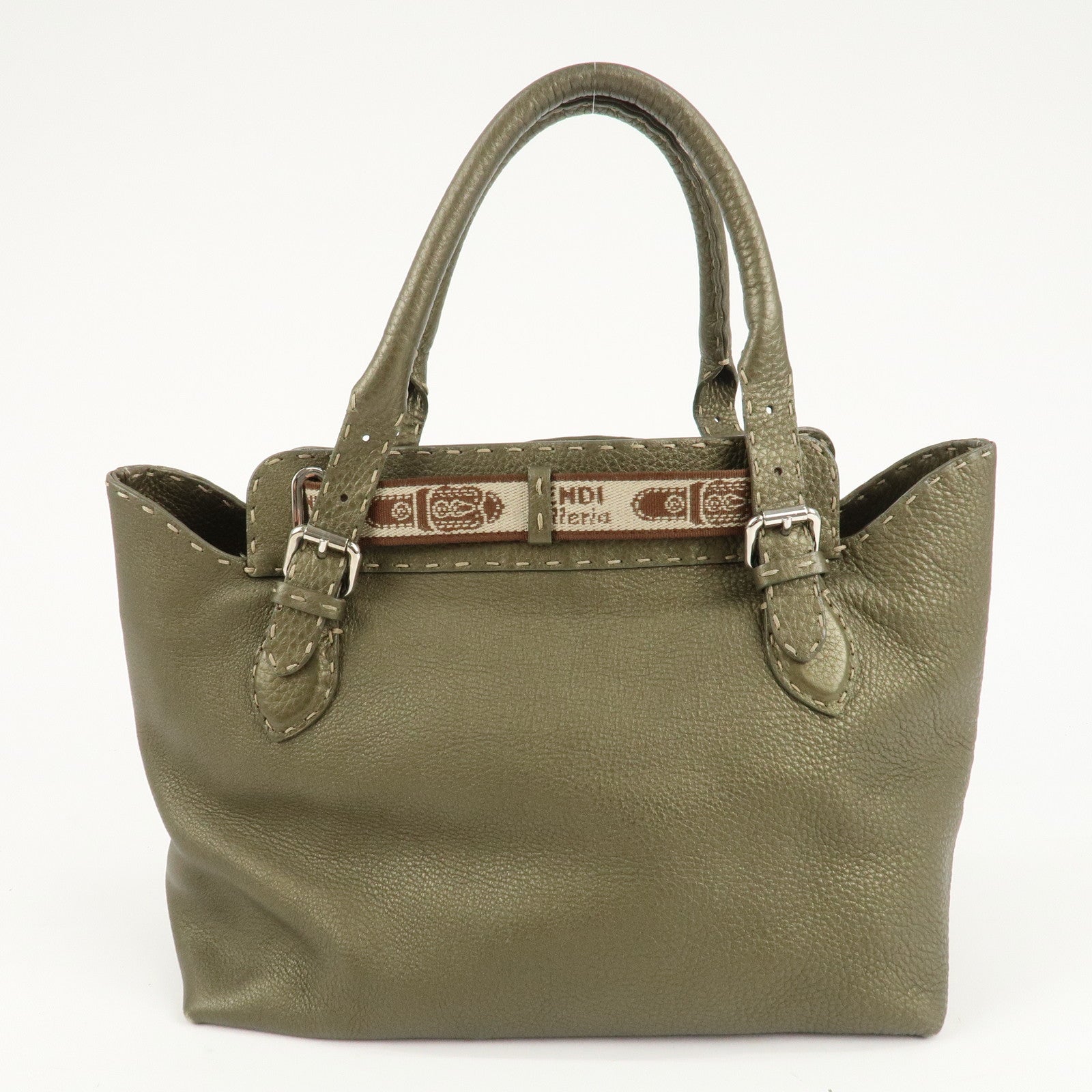 FENDI Selleria Leather Tote Bag Shoulder Bag Khaki 8BN155 Used