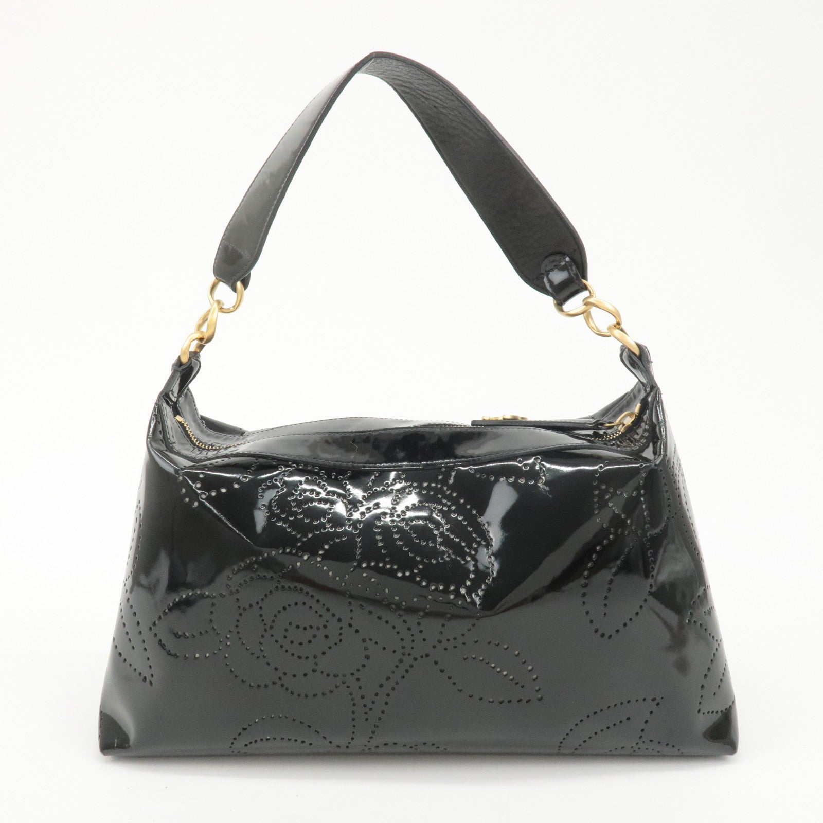 CHANEL Camellia Patent Leather One Shoulder Bag Black Used