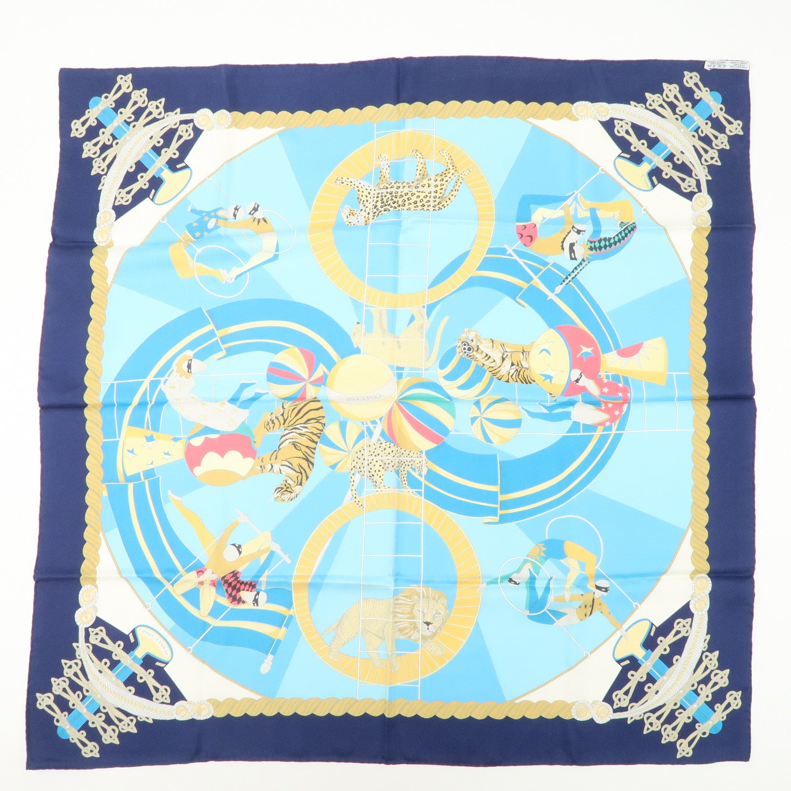 HERMES Carre 90 Silk 100%  Scarf Circus Blue Navy Gold Used