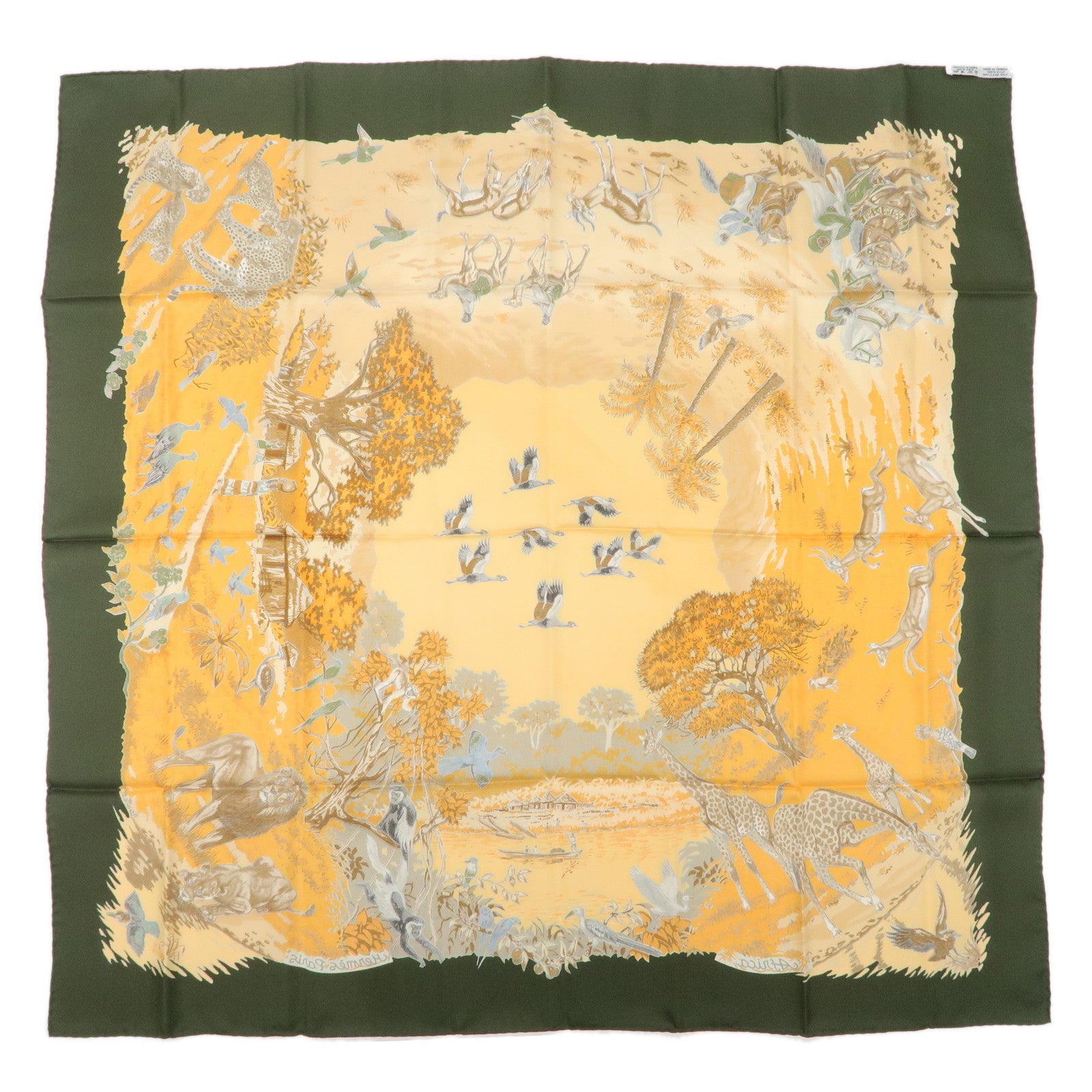 HERMES Carre 90 100% Silk Scarf AFRICA Green Orange Used