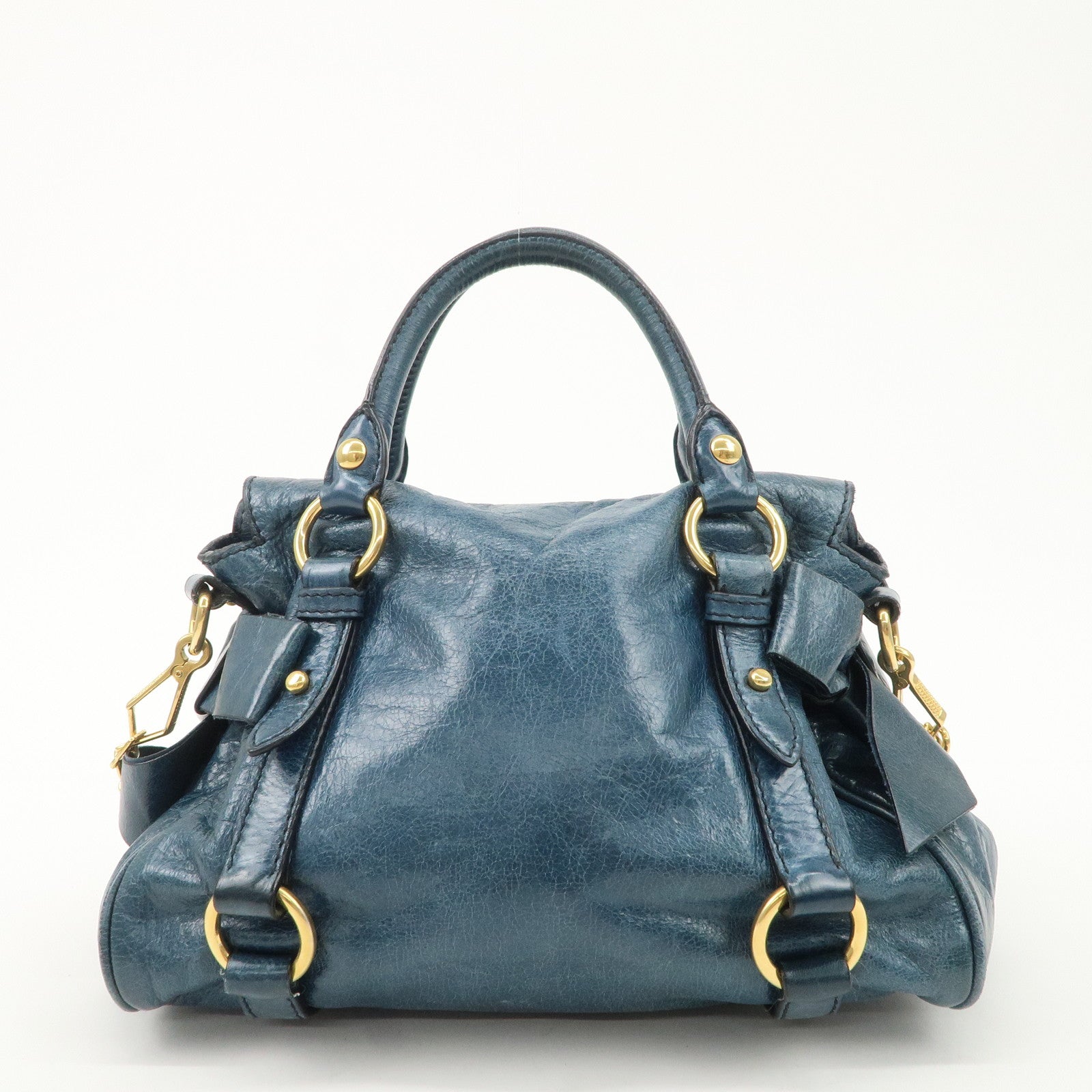 MIU MIU Logo Leather 2Way Bag Hand Bag Shoulder Bag Blue RT0438 Used