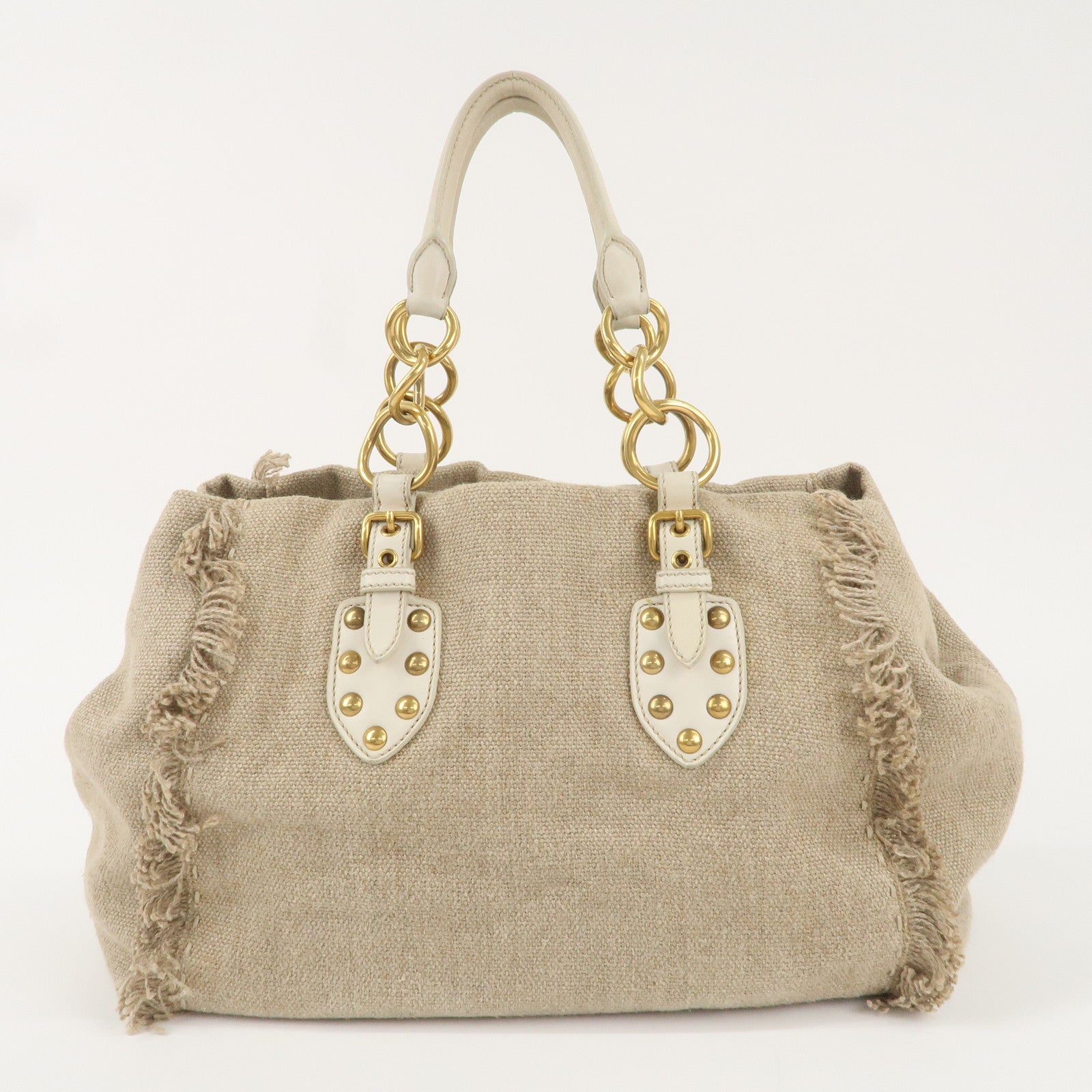 MIU MIU Canvas Leather Tote Bag Beige Gold Hardware