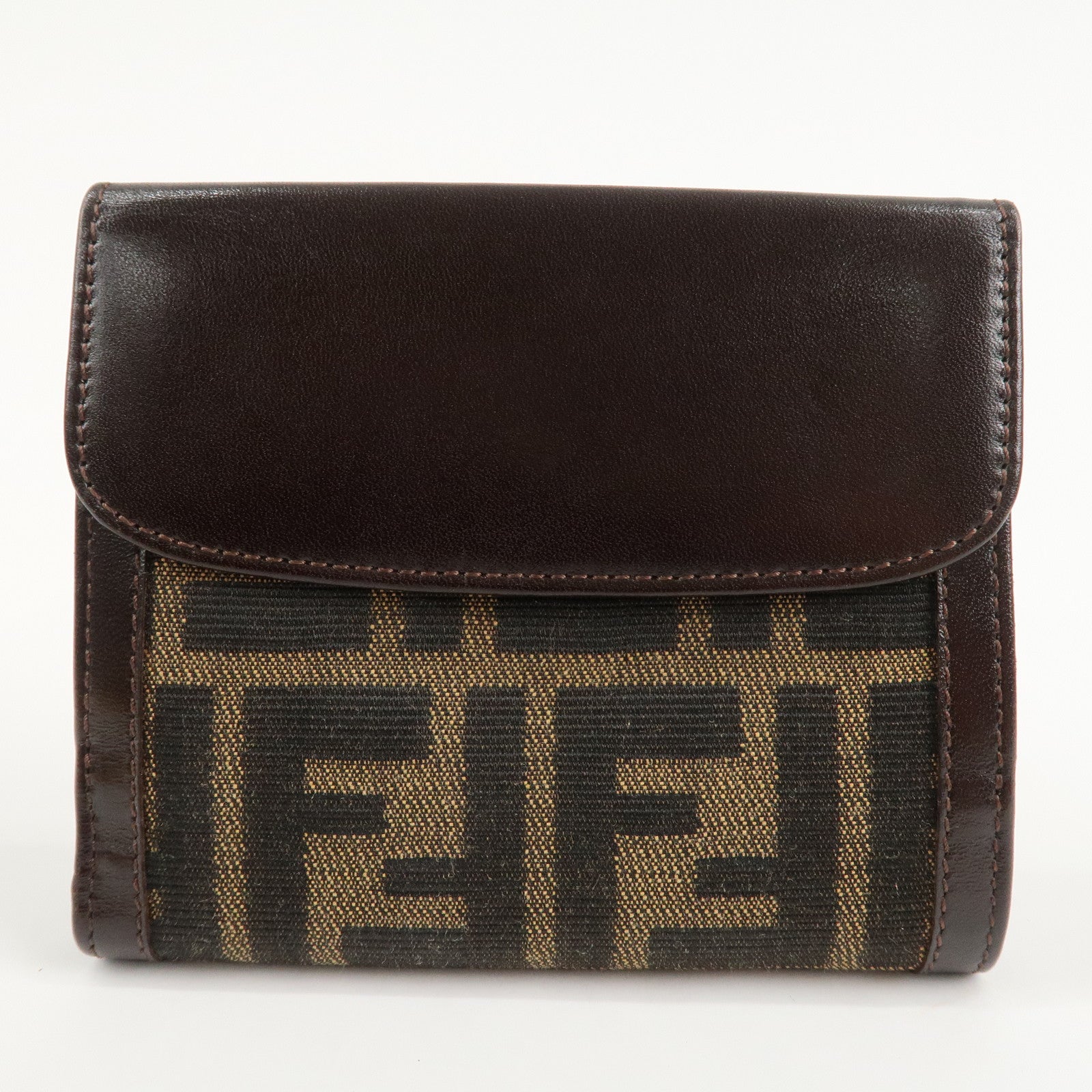 FENDI Zucca Canvas Leather W Hook Bifold Wallet 12671