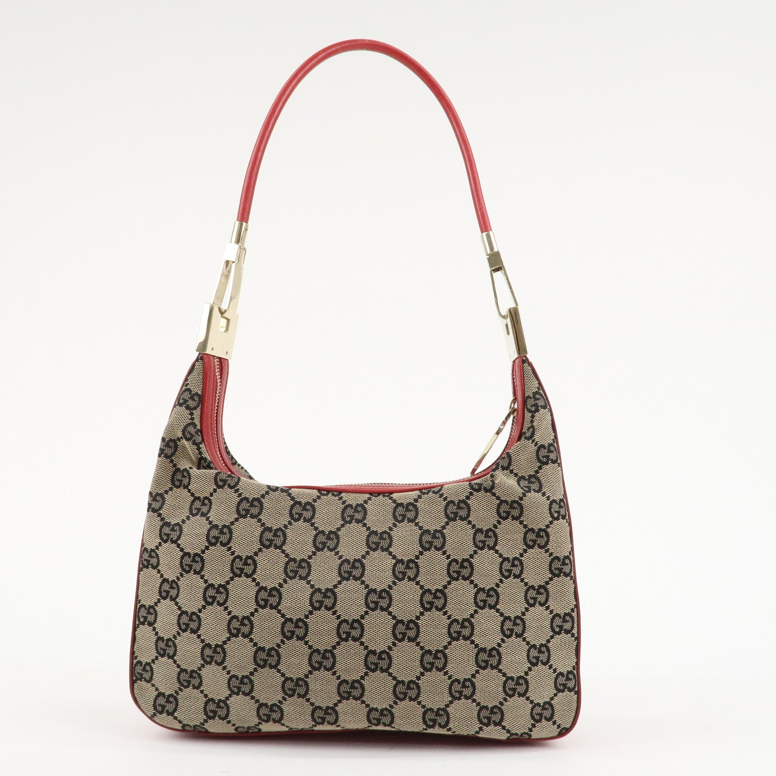 GUCCI GG Canvas Leather One-Shoulder Bag Beige Navy Red 001.3812