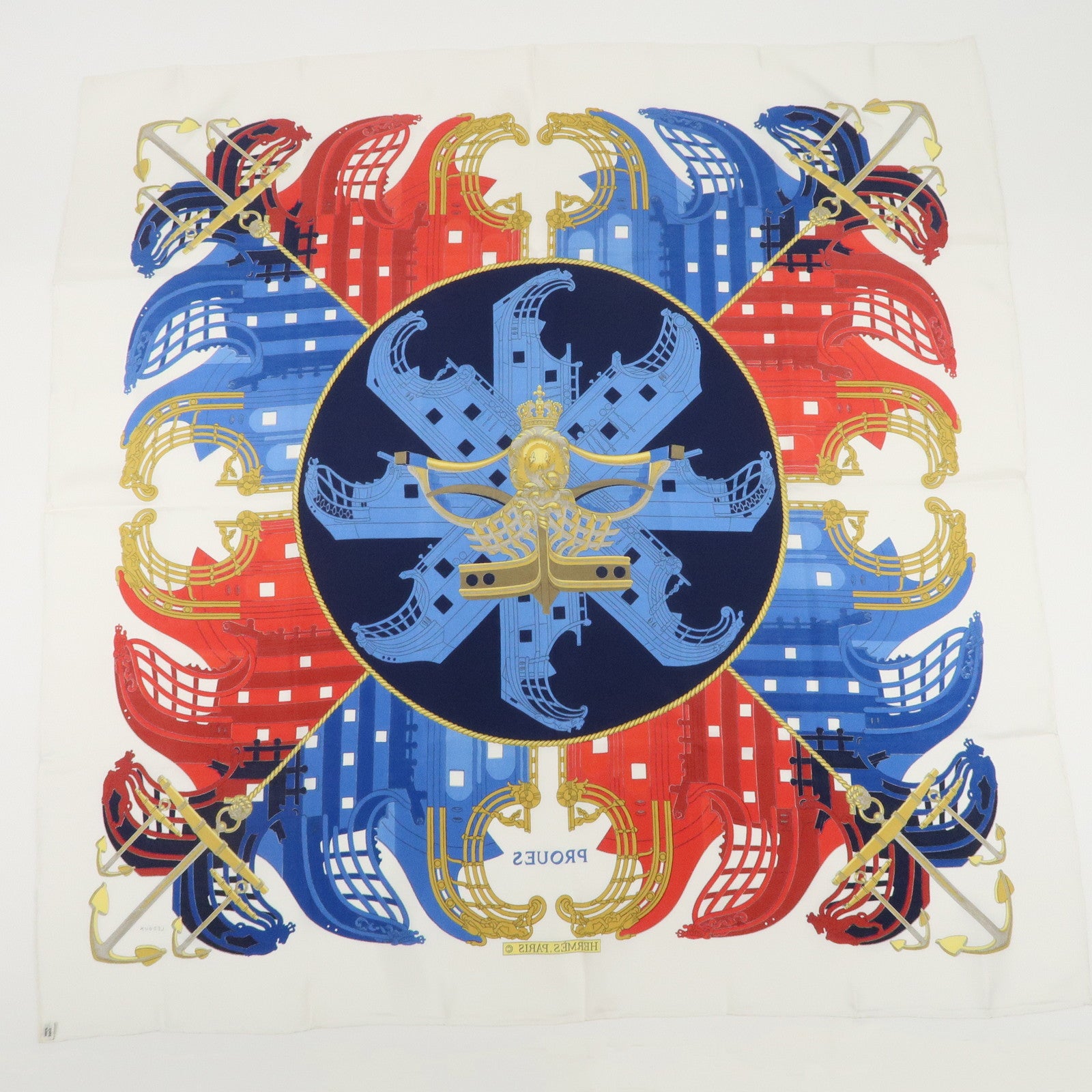 HERMES Silk 100% Carre 90 Scarf PROUES White Red Blue Used