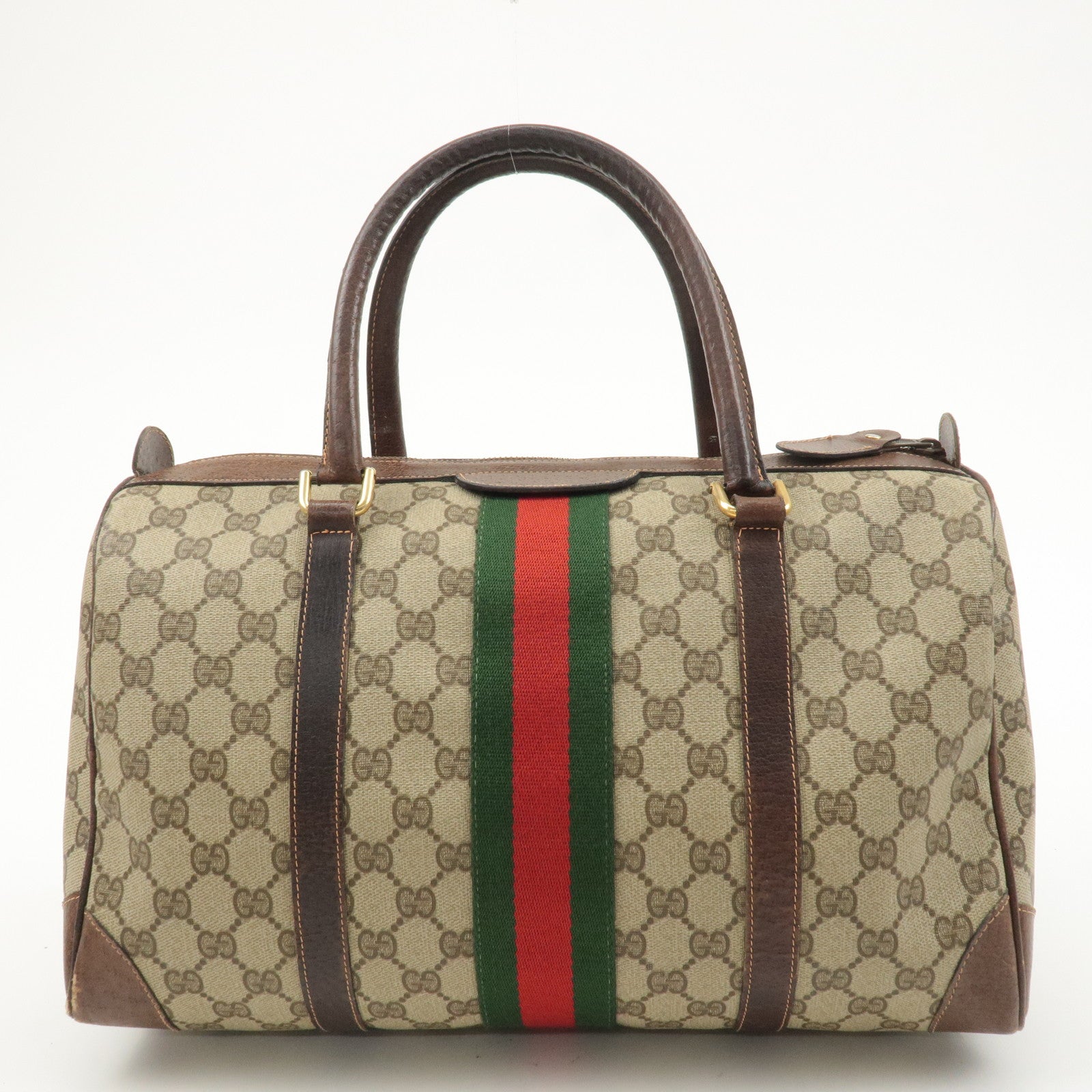 GUCCI Old Gucci Sherry GG Plus Leather Boston Bag Beige Brown