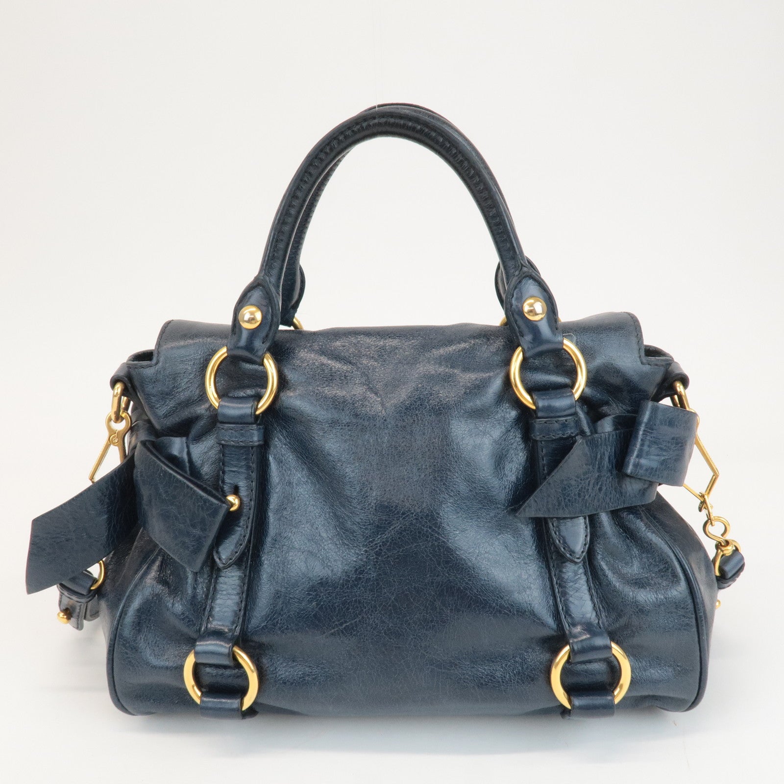 MIU MIU Ribbon Leather 2Way Shouder Bag Hand Bag Navy Used