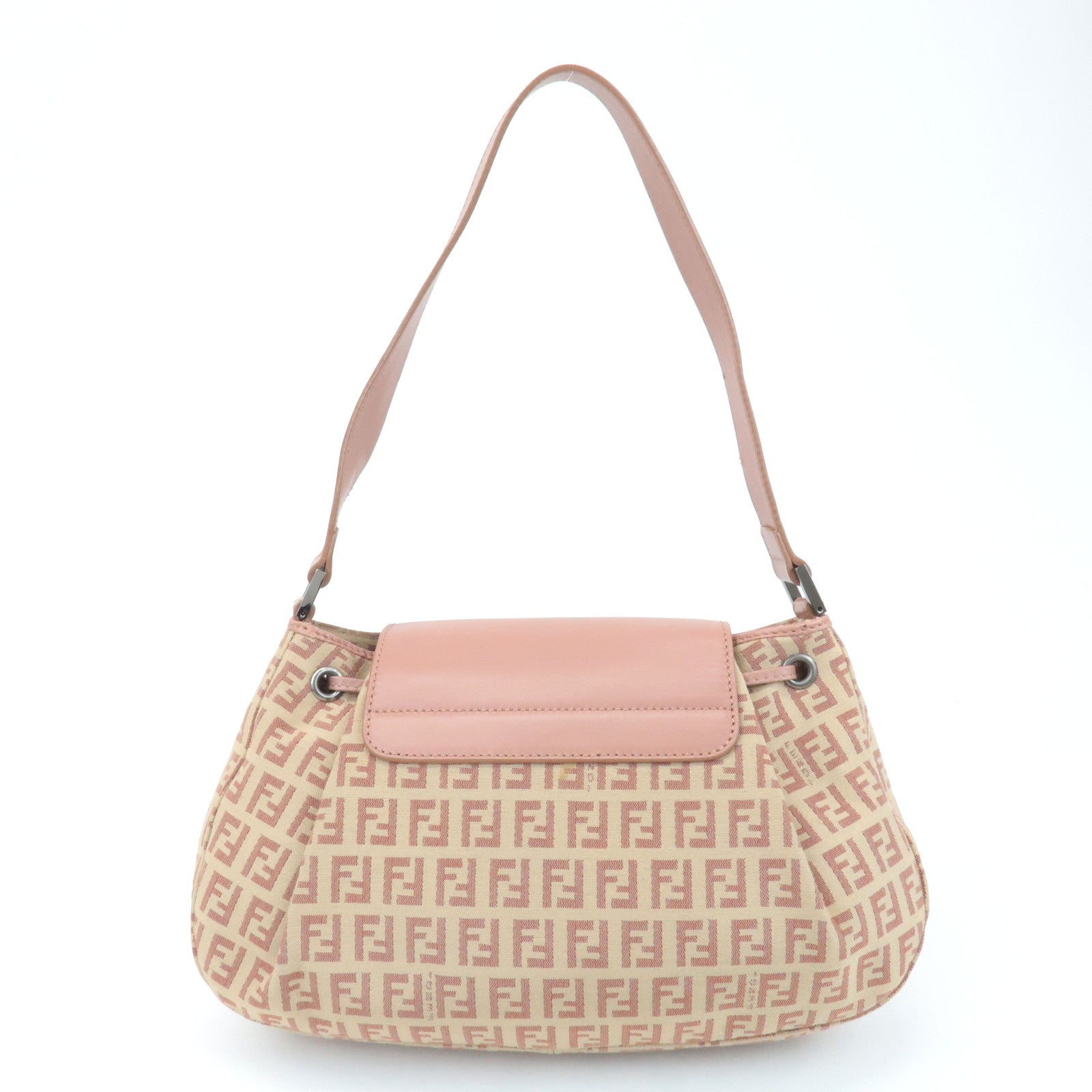 FENDI Zucchino Canvas Leather Shoulder Bag Beige Pink 8BR282 Used